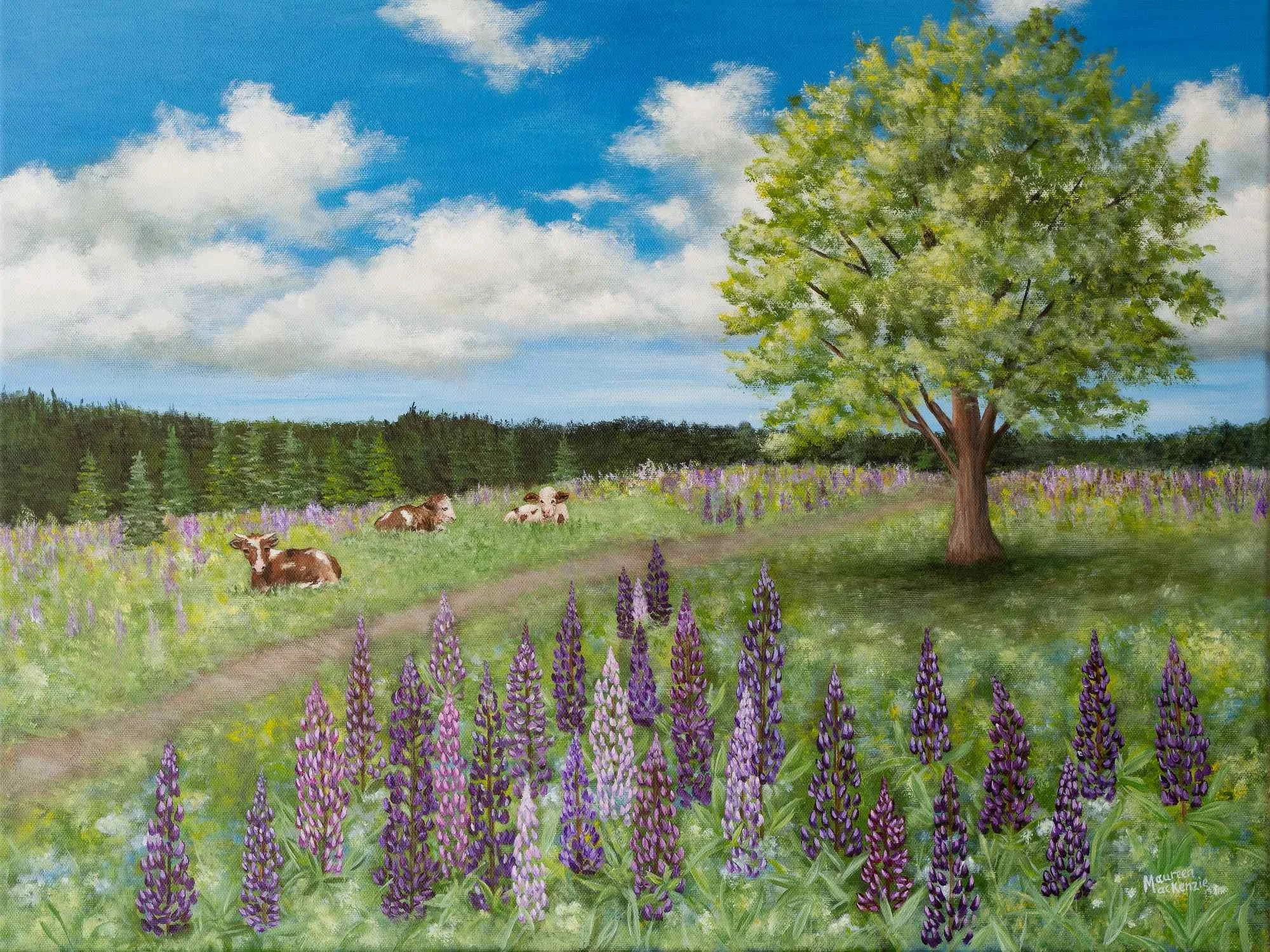 Fine art print of an original painting showing cows resting in a peaceful summer pasture surrounded by blooming purple lupines beneath a large shade tree and bright blue sky.