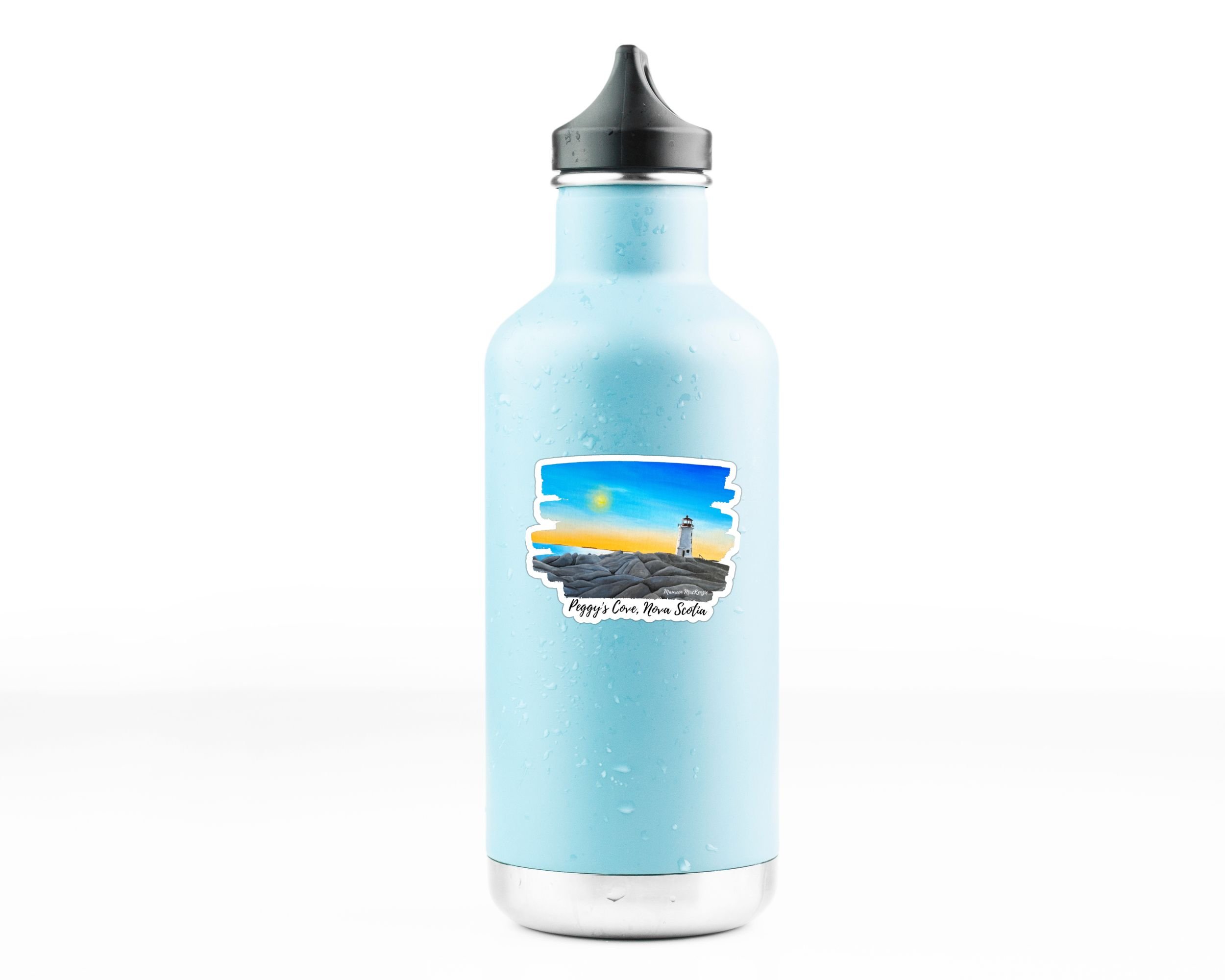 a unique nautical sticker of Peggy's Cove lighthouse at sunset in Halifax, Nova Scotia.  This reproduction of Maureen's acrylic lighthouse painting is on a water bottle