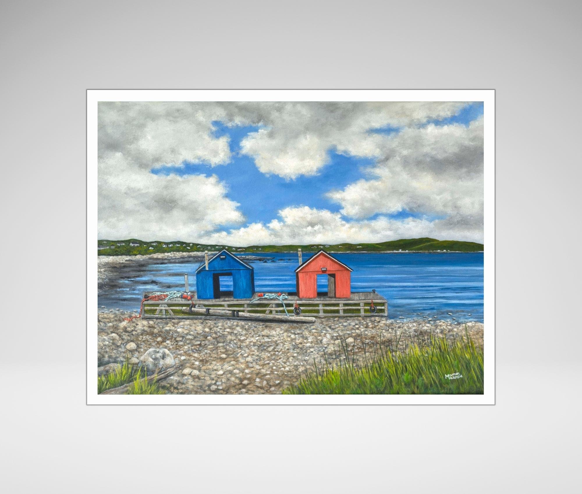 A print by Maureen MacKenzie of two colorful lobster cars on a rocky shore at low tide in John’s Cove, Yarmouth Bar Nova Scotia, with blue ocean water and a dramatic cloudy sky.