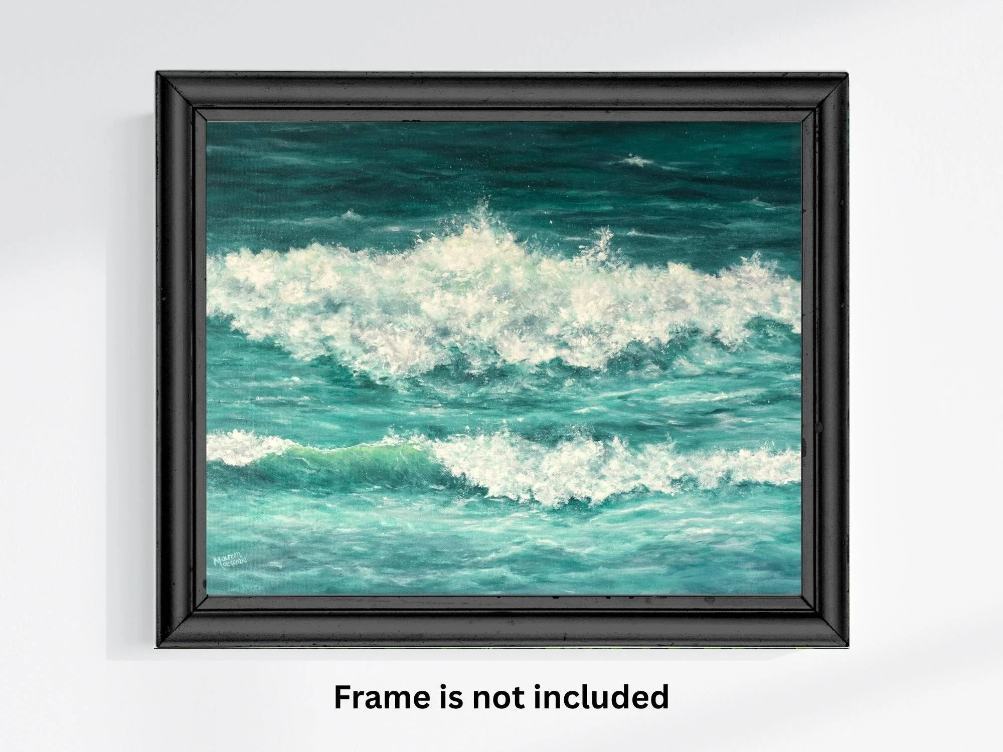an original acrylic painting of a crashing Atlantic wave with white sea foam and deep emerald green water by artist Maureen MacKenzie.