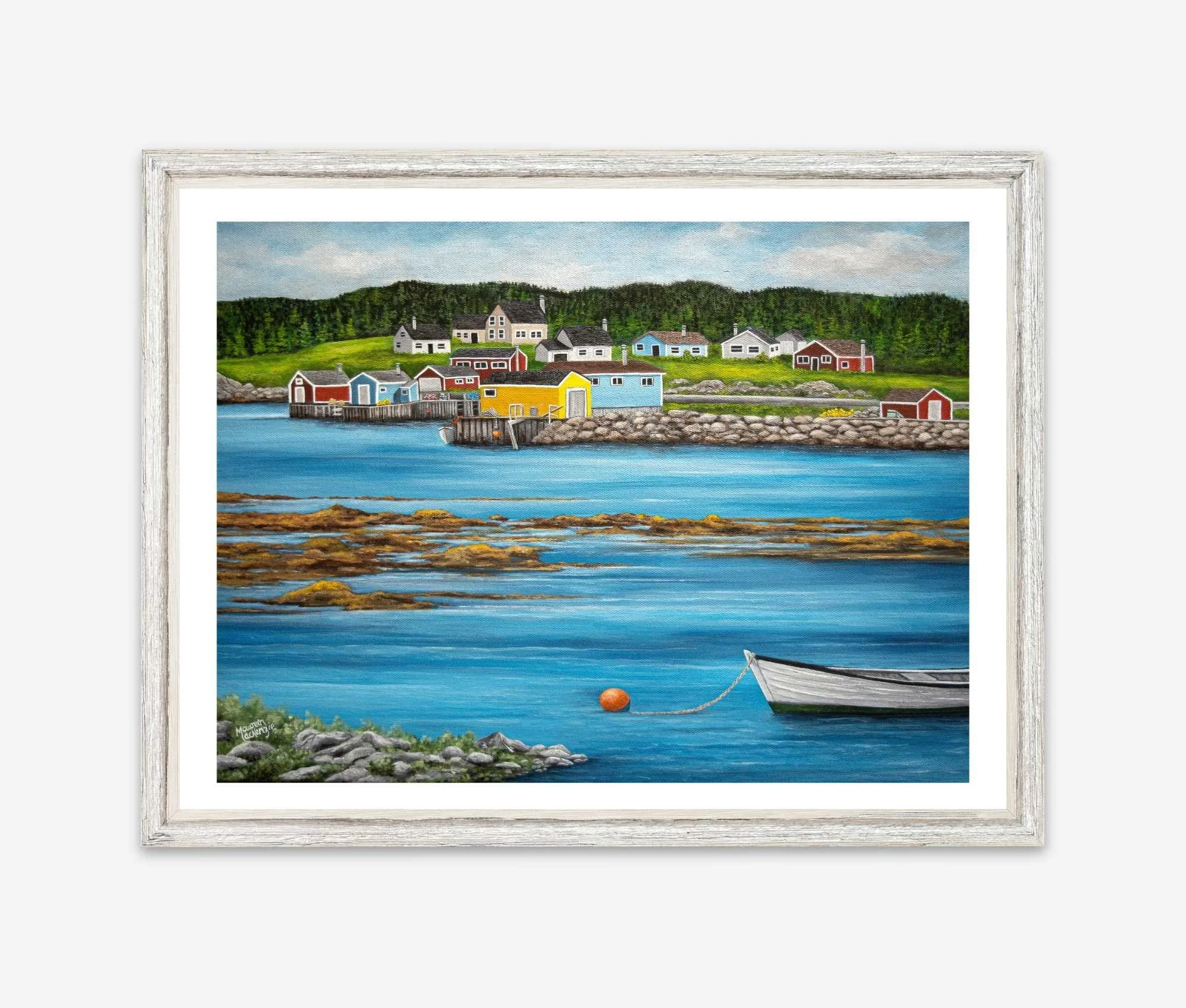 A print by Maureen MacKenzie featuring a colourful coastal newfoundland village, calm blue waters, seaweed flowing over rocks and a white fishing skiff moored to an orange fishing buoy..