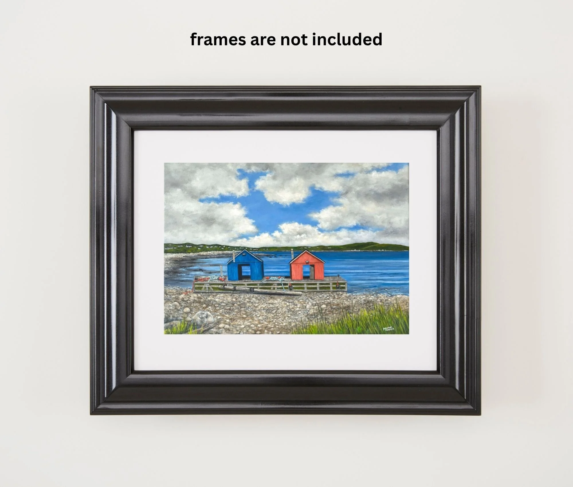 A print by Maureen MacKenzie of two colorful lobster cars on a rocky shore at low tide in John’s Cove, Yarmouth Bar Nova Scotia, with blue ocean water and a dramatic cloudy sky.
