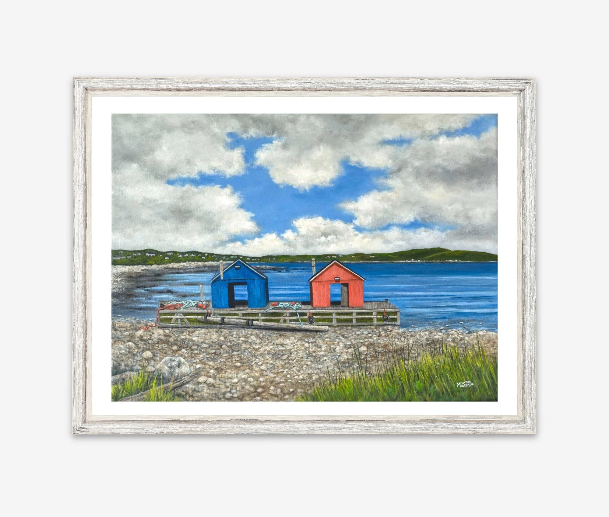 A print by Maureen MacKenzie of two colorful lobster cars on a rocky shore at low tide in John’s Cove, Yarmouth Bar Nova Scotia, with blue ocean water and a dramatic cloudy sky.