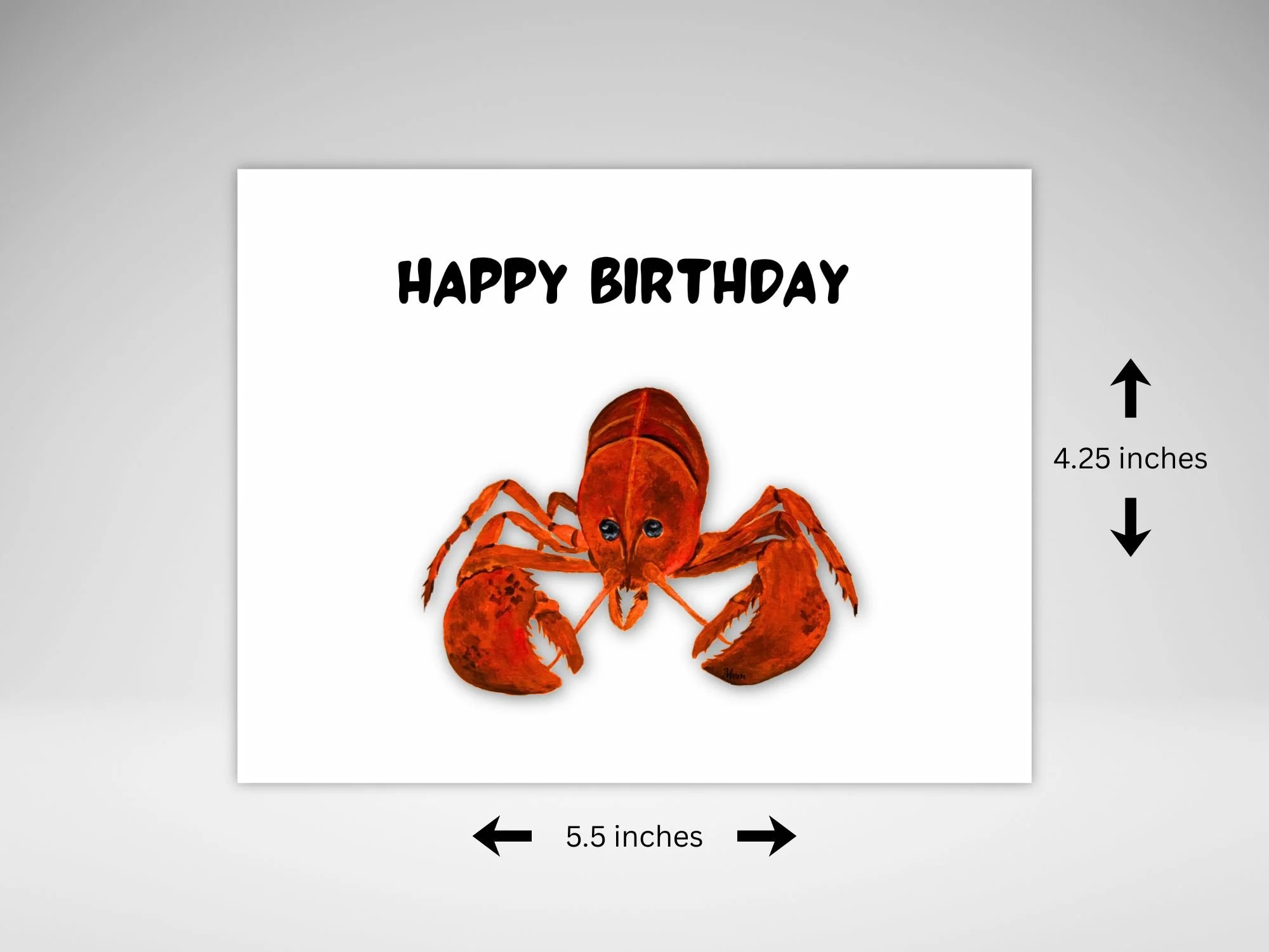 Lobster birthday card featuring a bright red lobster from an original acrylic painting by Nova Scotia artist Maureen MacKenzie, with Happy Birthday text above on a white card.