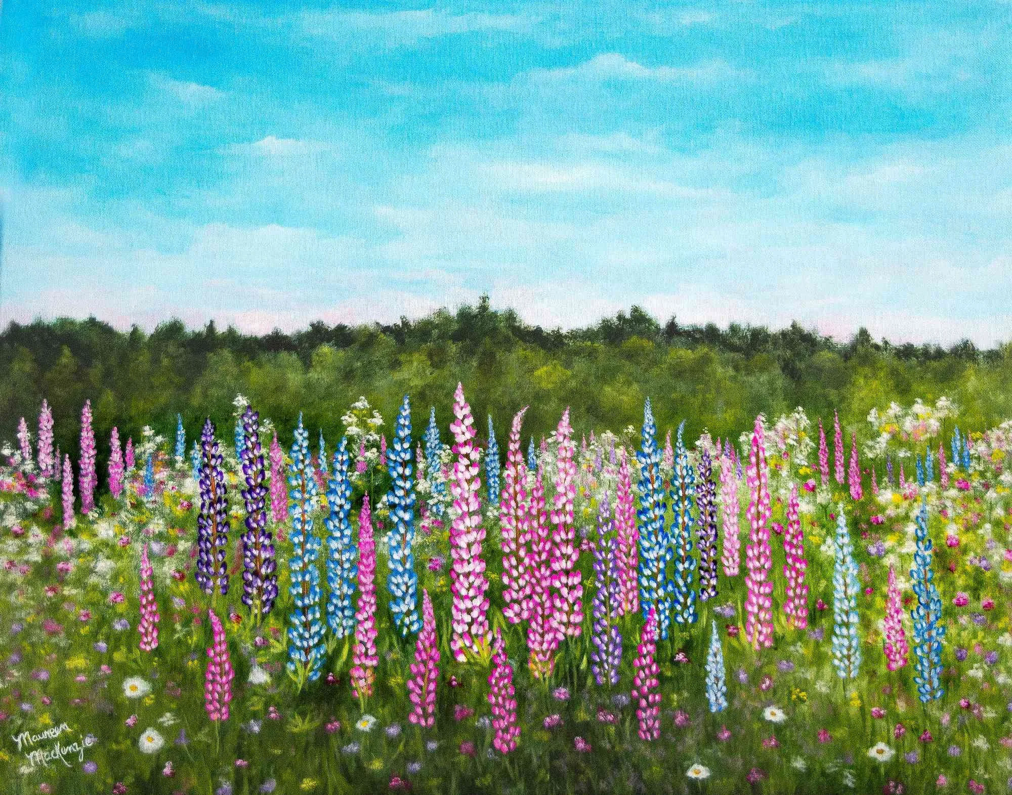 A print of an acrylic painting of a vibrant field filled with pink, purple, and blue lupine wildflowers under a blue sky,