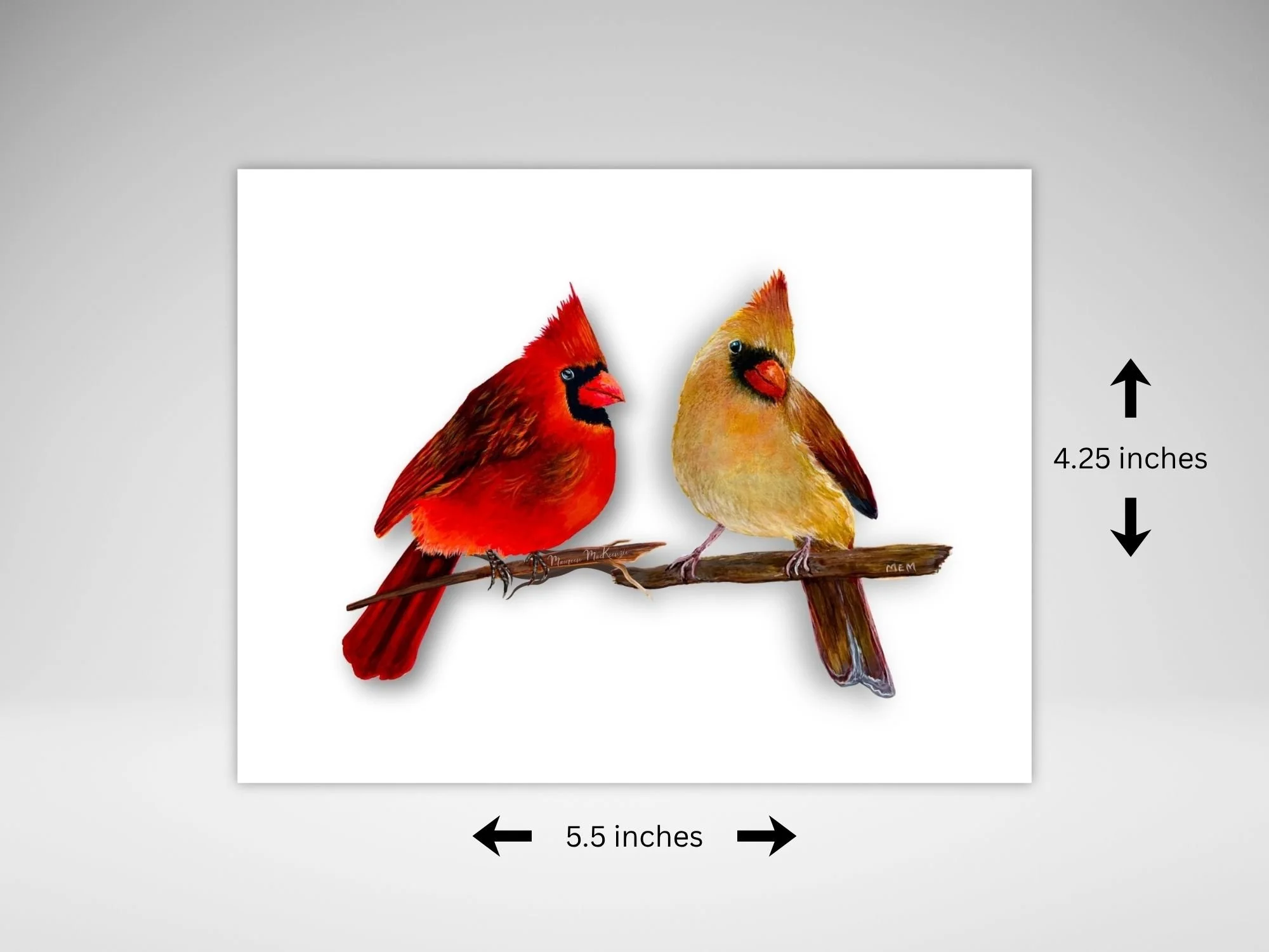 a greeting card of a male and female cardinal perched on a branch facing each other on a white background