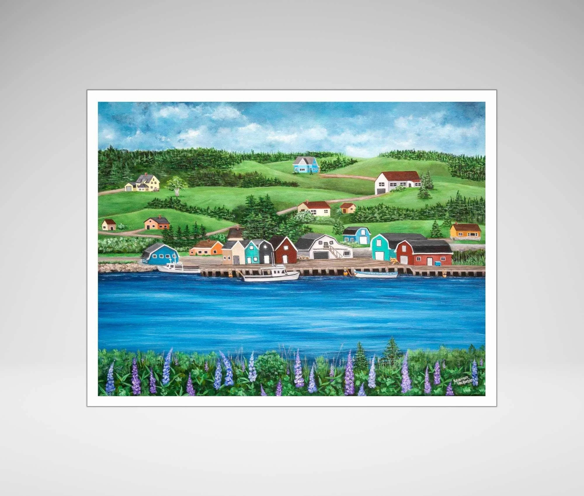 A giclée print of French River in Prince Edward Island featuring colorful fishing buildings along a wharf, blue water, green hills, and purple lupins in the foreground.