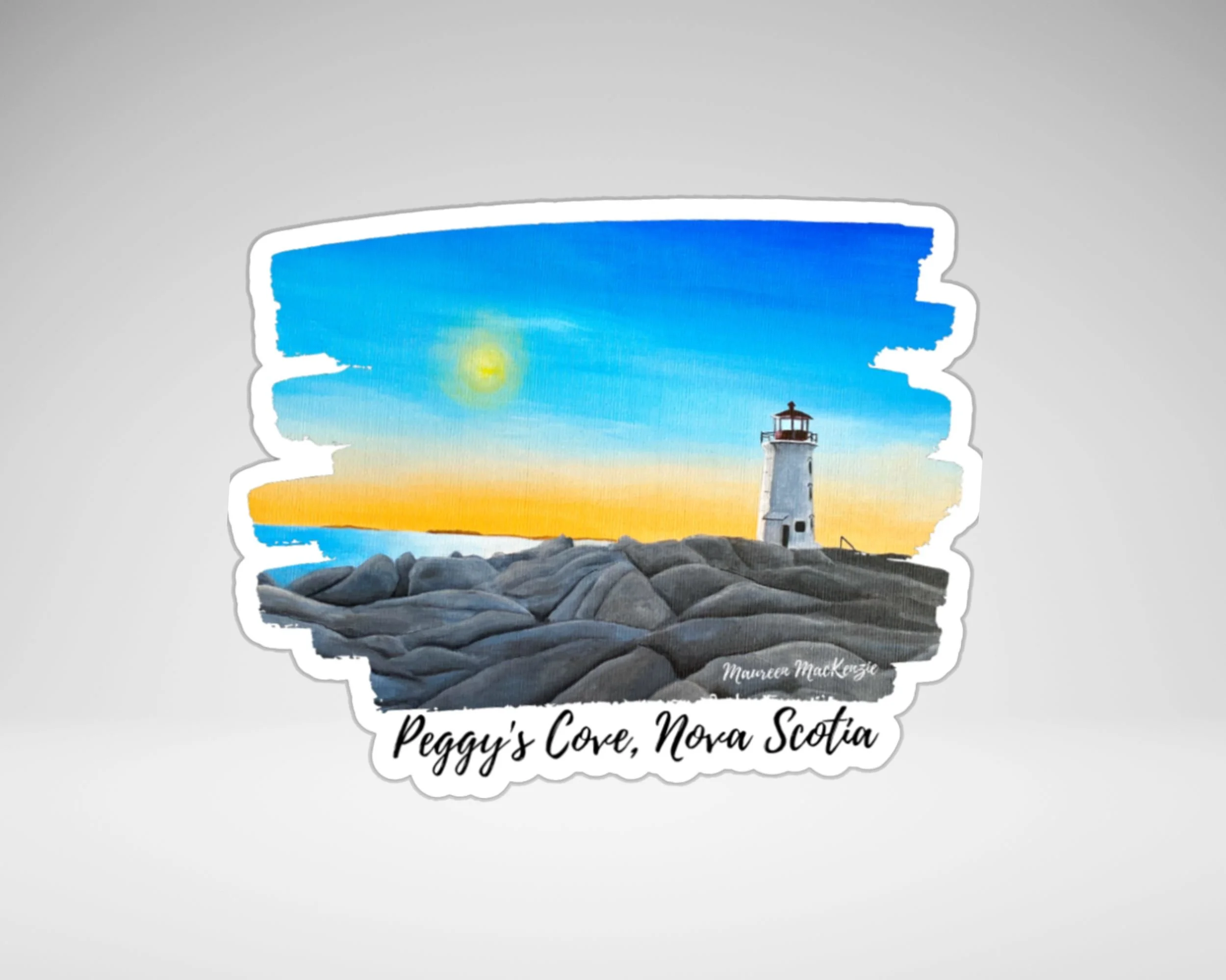 a unique nautical sticker of Peggy's Cove lighthouse at sunset in Halifax, Nova Scotia.  A reproduction of Maureen's acrylic painting