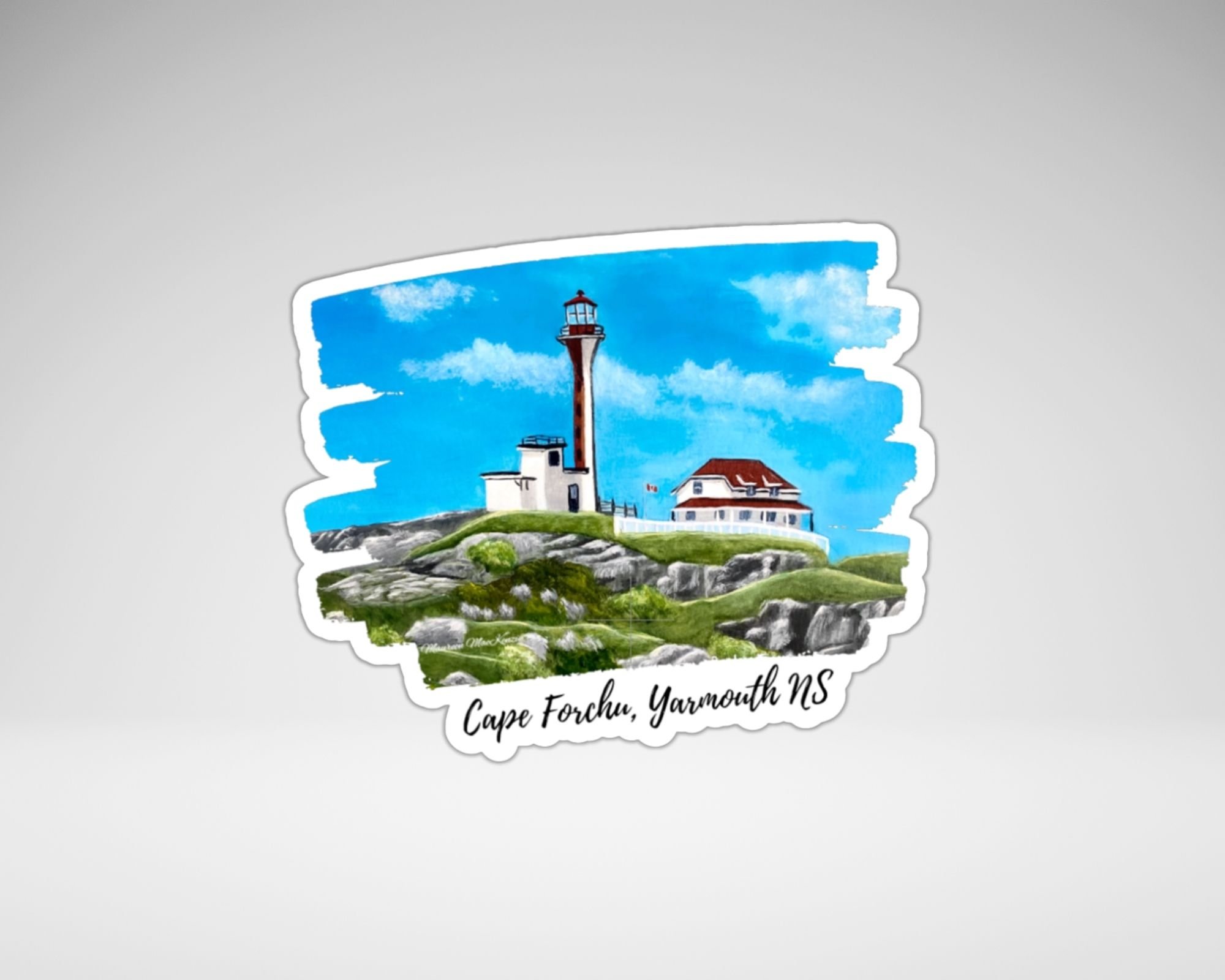 a unique nautical sticker of Cape Forchu lighthouse in Yarmouth, Nova Scotia.  A reproduction of Maureen's acrylic painting.