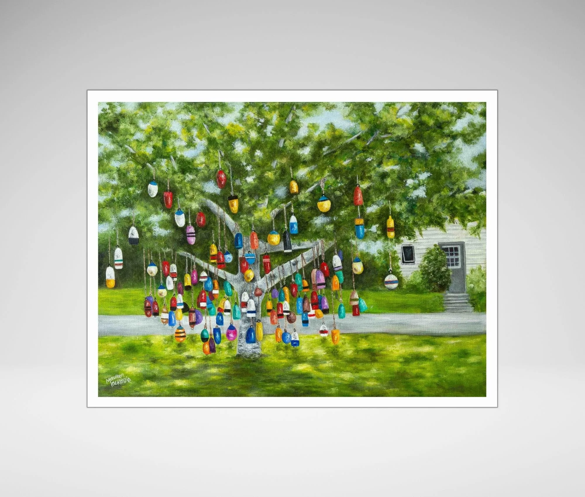Giclée print of a colourful buoy tree in Prince Edward Island, reproduced from an original oil painting featuring colorful hanging fishing buoys beneath a leafy green tree.