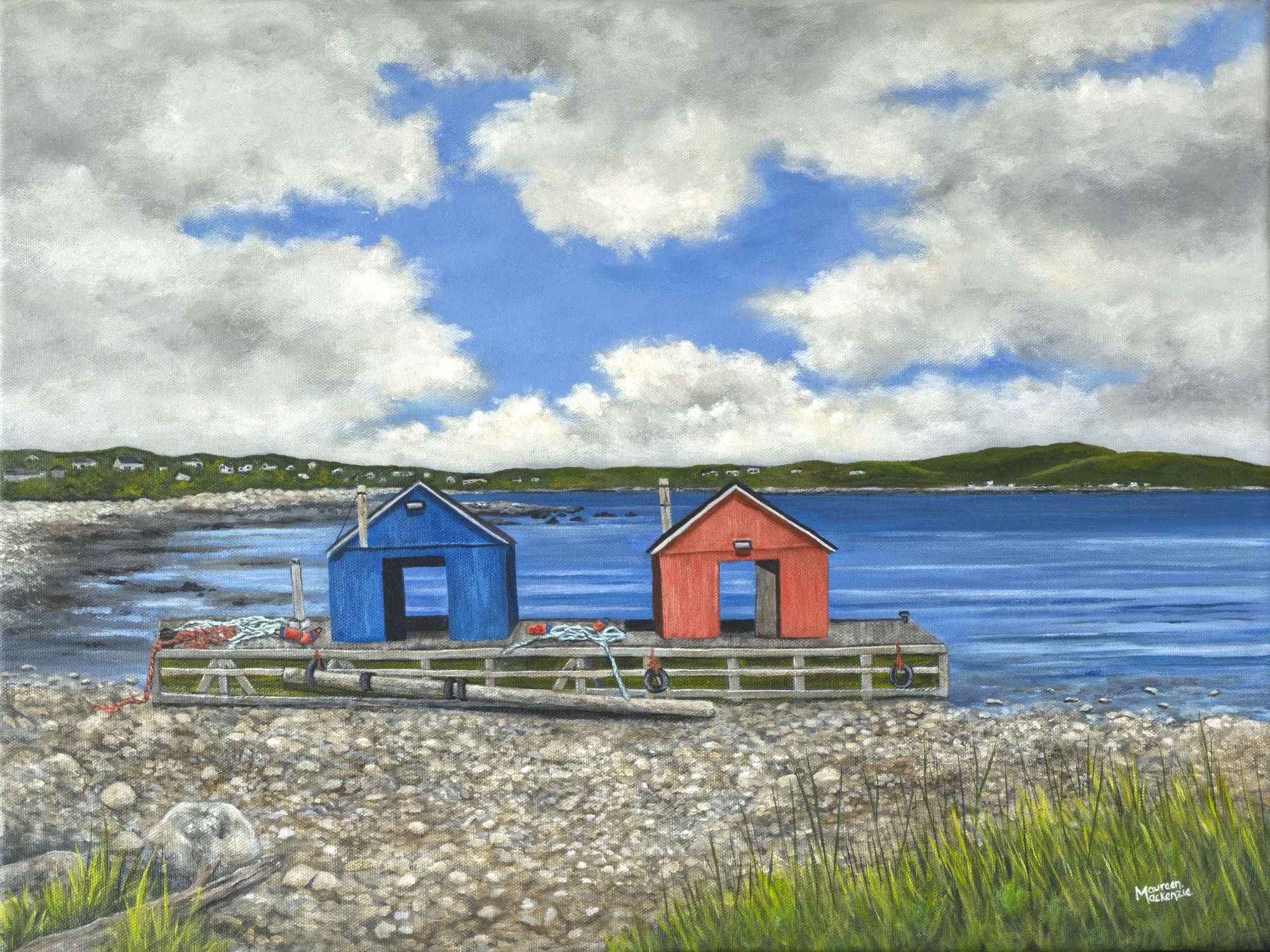Acrylic painting of two colorful lobster cars on a rocky shore at low tide in John’s Cove, Yarmouth Bar Nova Scotia, with blue ocean water and a dramatic sky.