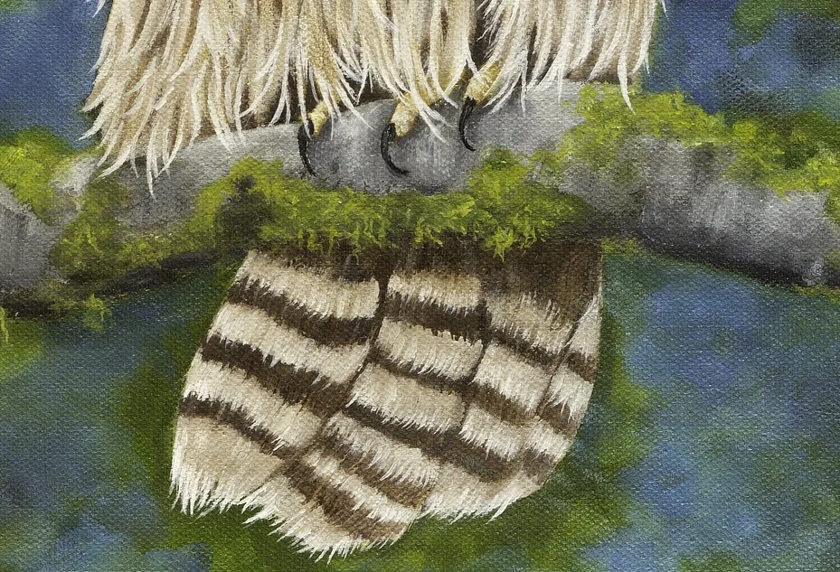 a close up of an original oil owl painting showing its talons and tail feathers