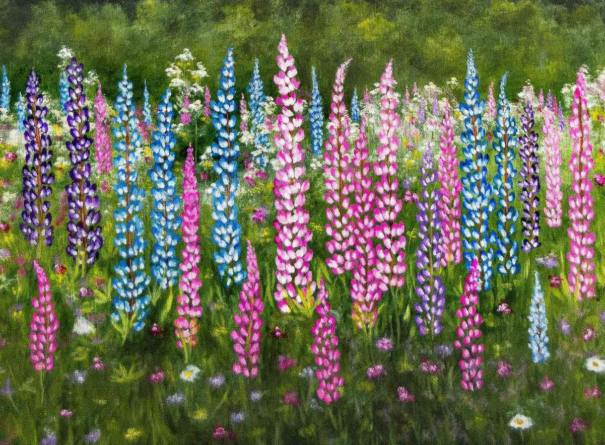 close up of a print of an acrylic painting of a vibrant field filled with pink, purple, and blue lupine wildflowers under a blue sky,