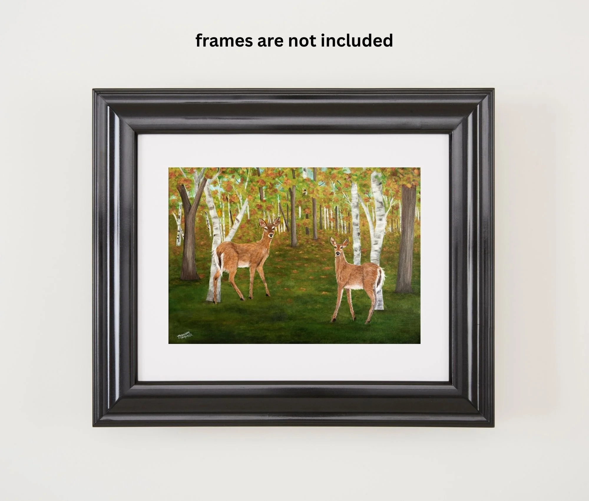 Autumn painting of two whitetail deer standing in a birch forest with golden fall leaves and green woodland floor, inspired by Nova Scotia nature.