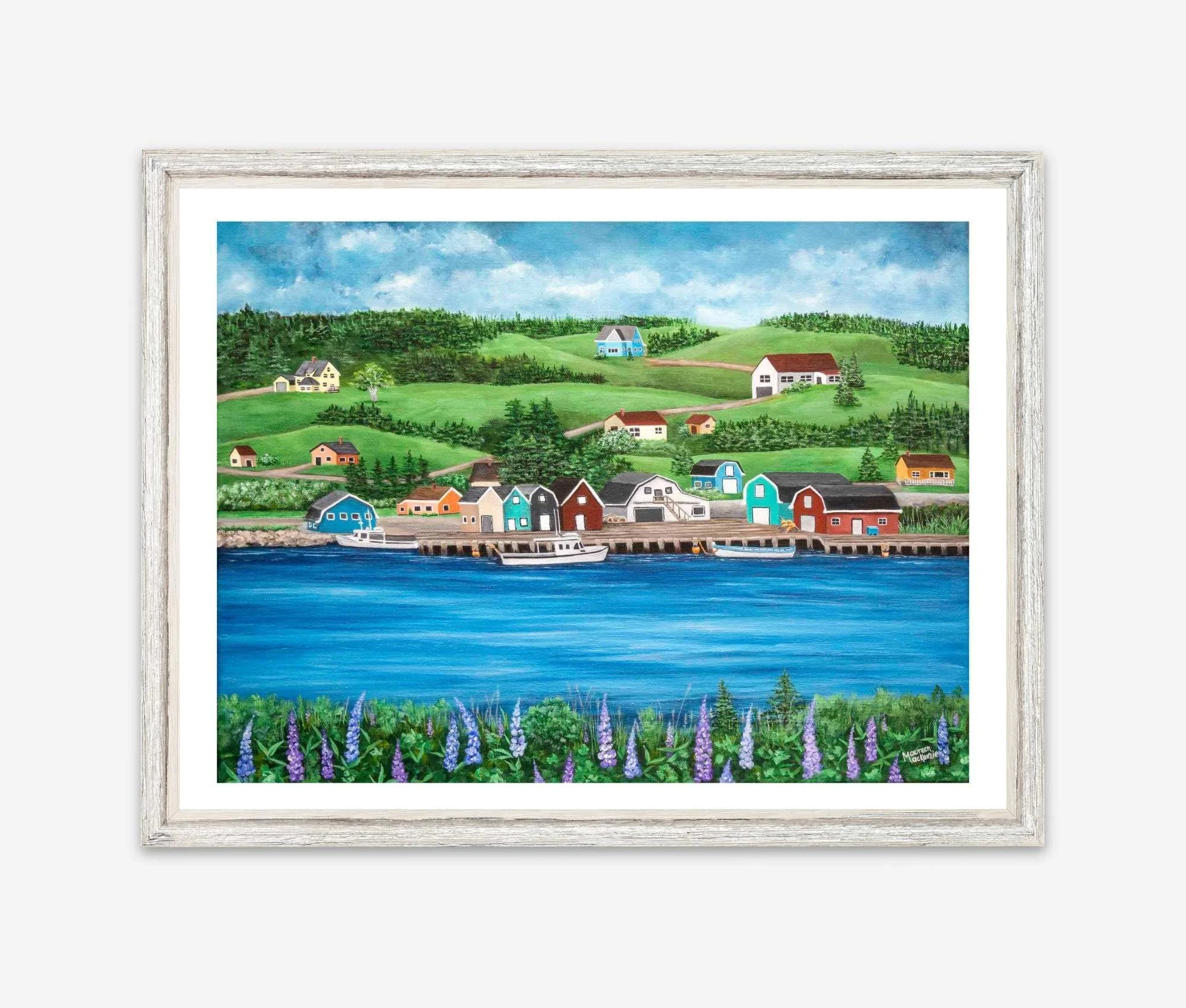 A giclée print of French River in Prince Edward Island featuring colorful fishing buildings along a wharf, blue water, green hills, and purple lupins in the foreground.