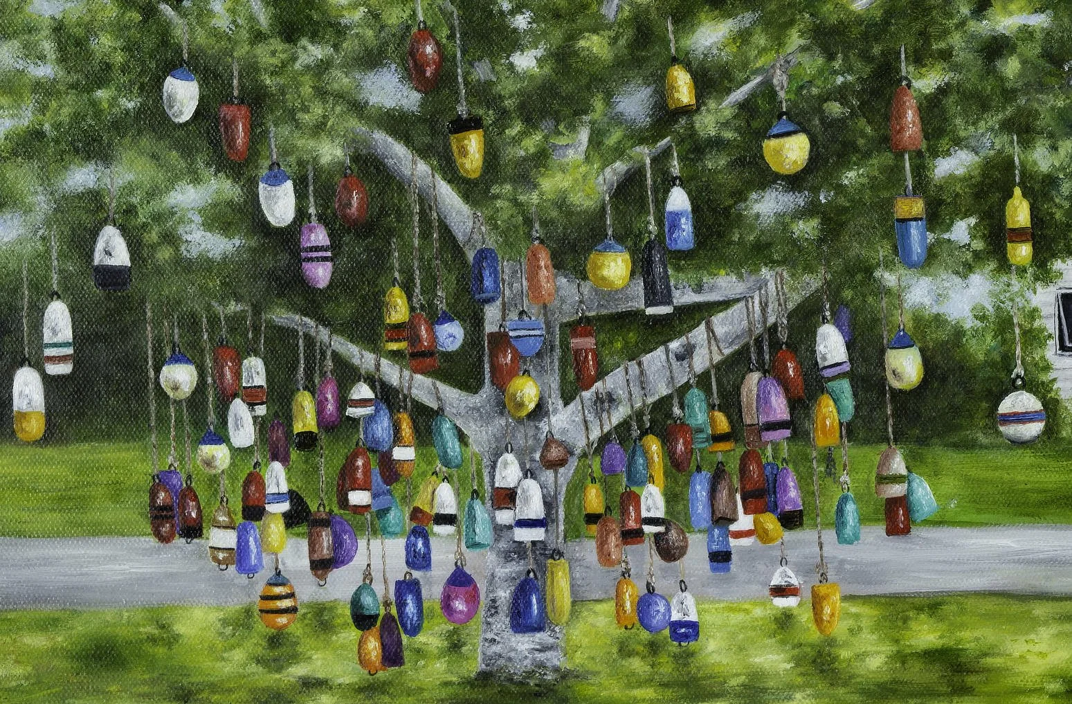 Original 12x16 oil painting of a colourful buoy tree in Prince Edward Island, featuring hanging fishing buoys beneath a leafy green tree in a coastal Maritime setting.