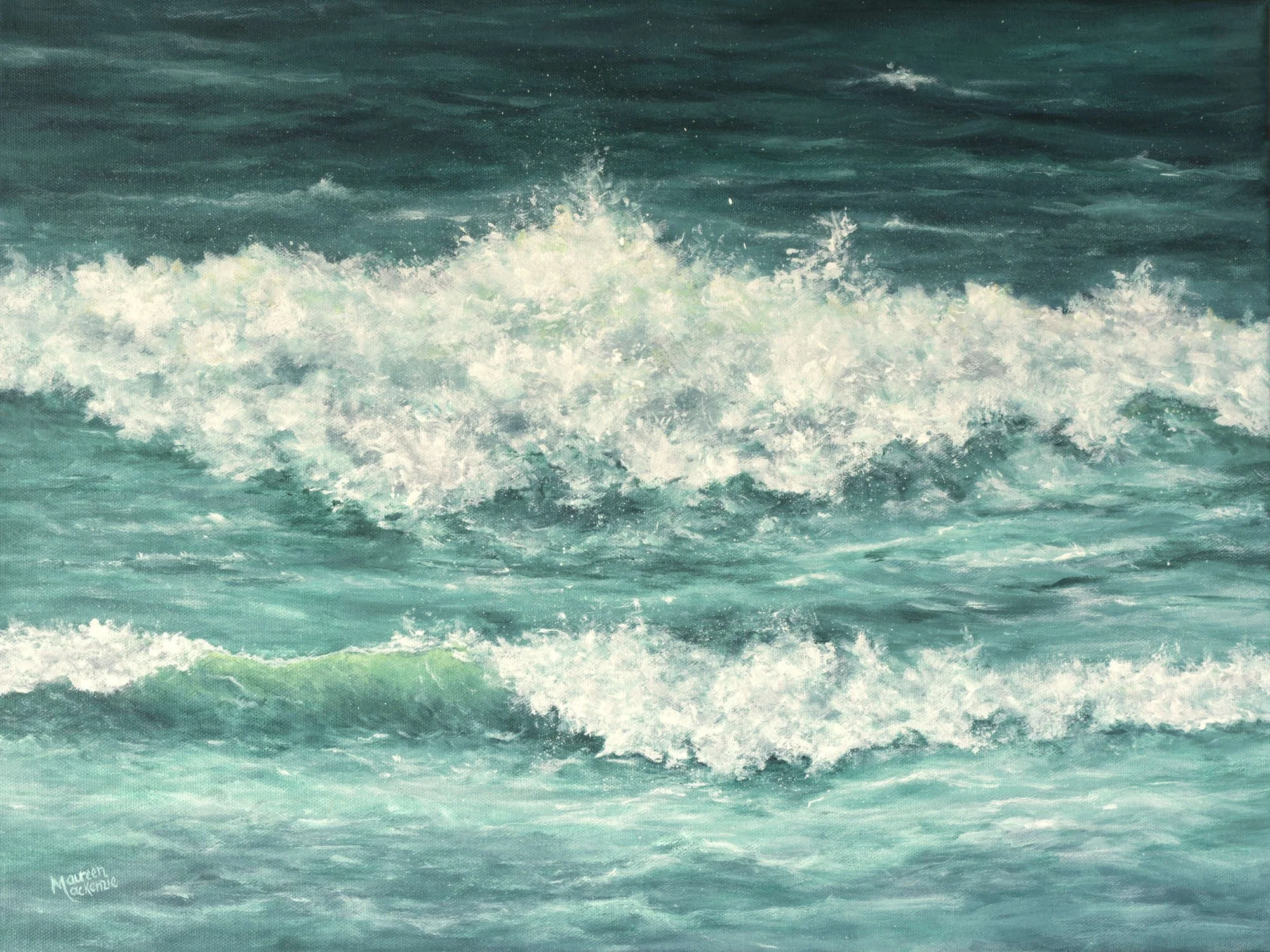 an original acrylic painting of a crashing Atlantic wave with white sea foam and deep emerald green water by artist Maureen MacKenzie.