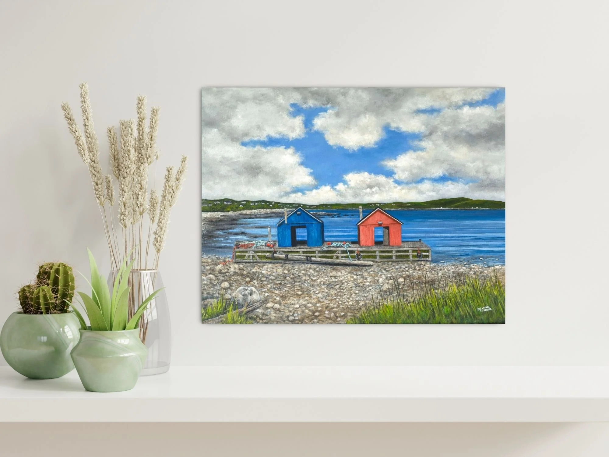 Acrylic painting of two colorful lobster cars on a rocky shore at low tide in John’s Cove, Yarmouth Bar Nova Scotia, with blue ocean water and a dramatic sky.