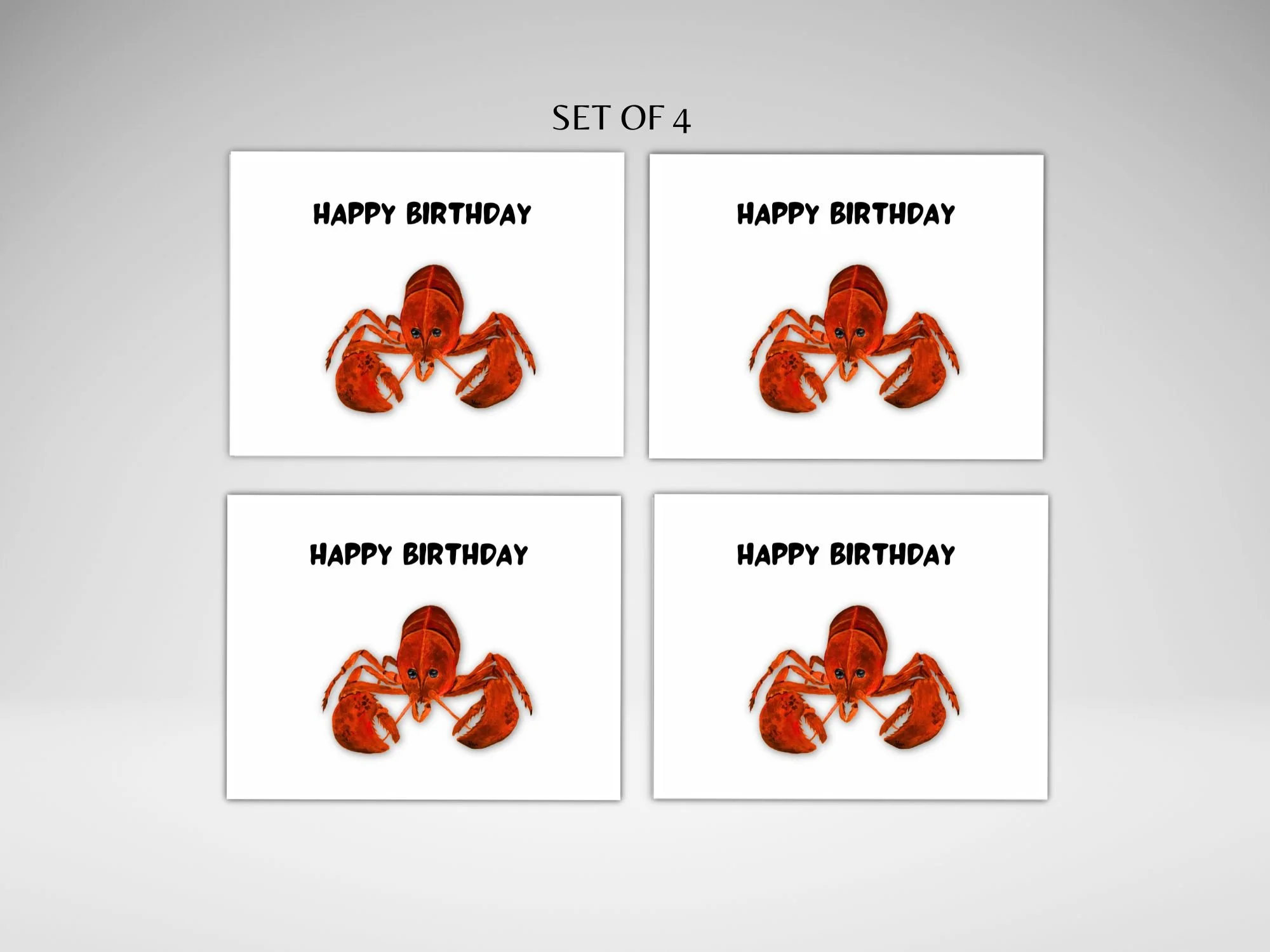 set of 4 Lobster birthday card featuring a bright red lobster from an original acrylic painting by Nova Scotia artist Maureen MacKenzie, with Happy Birthday text above on a white card.