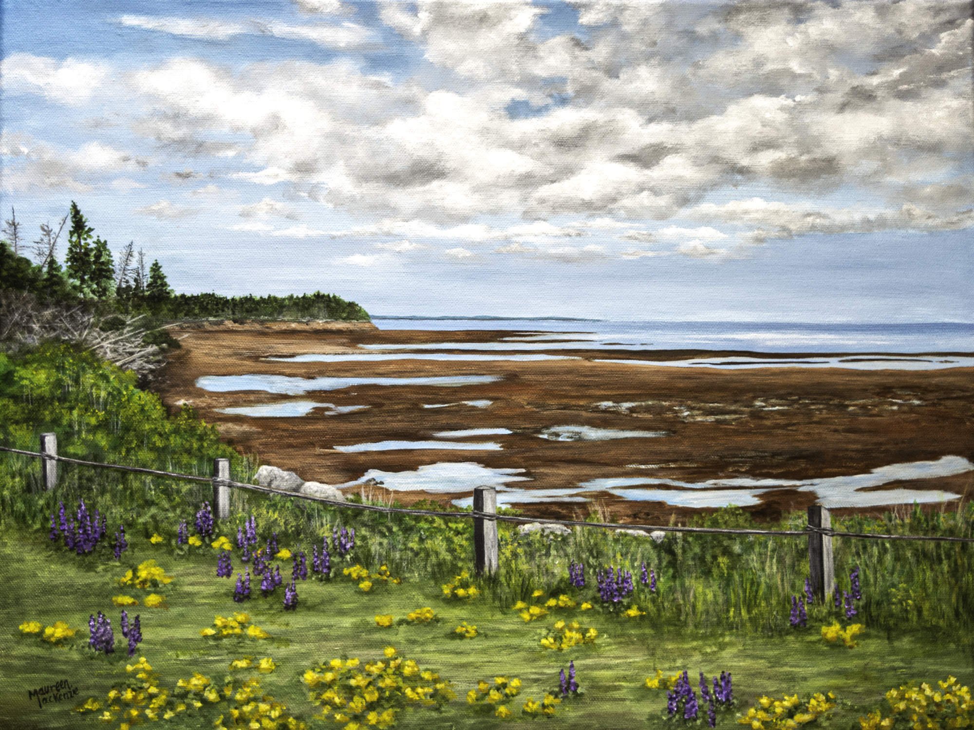 A print of an acrylic painting by Maureen Mackenzie of Prince Edward Island shoreline with red sand, tidal pools, and wildflowers in the foreground under a partly cloudy sky.