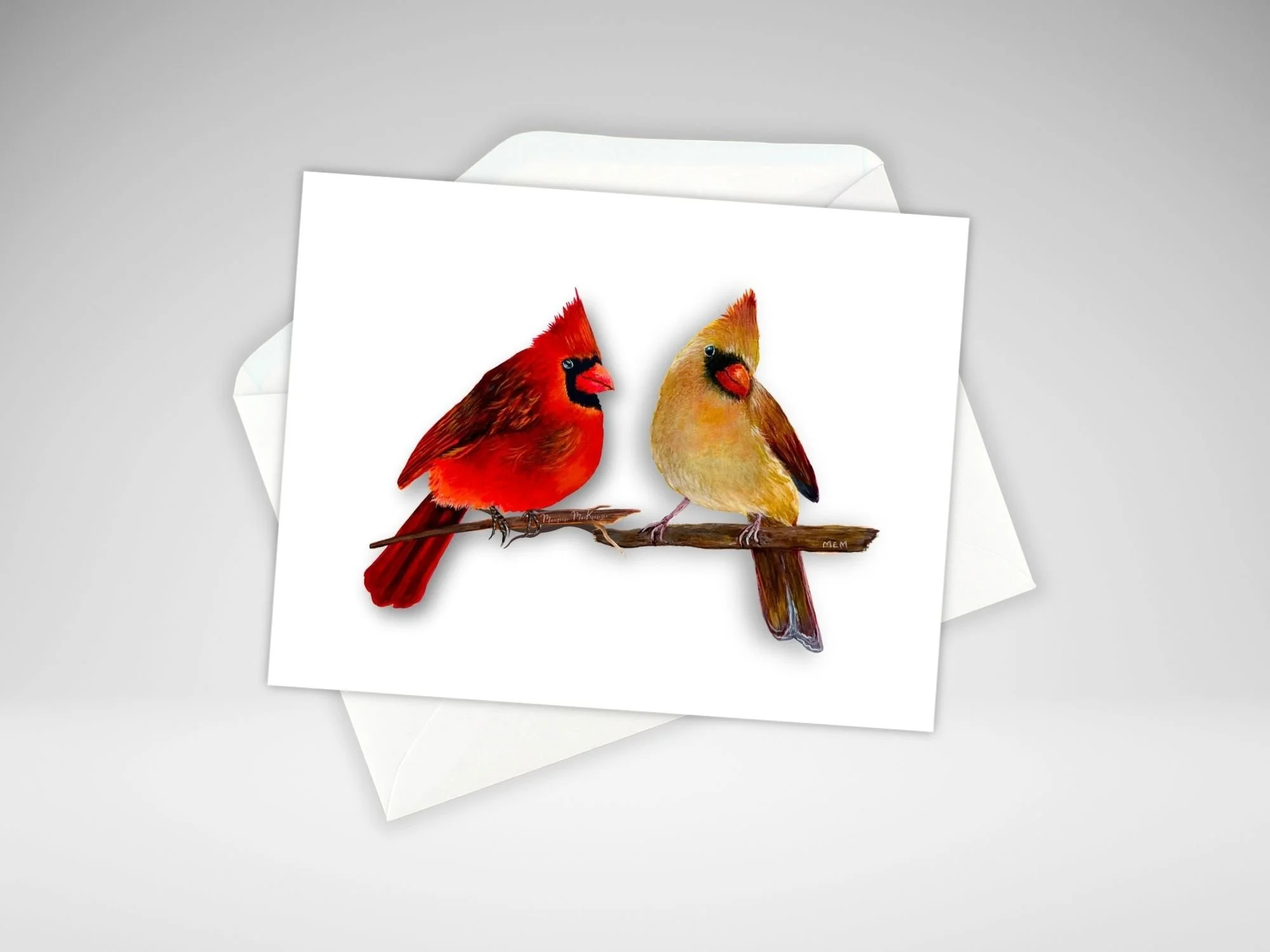 a greeting card of a male and female cardinal perched on a branch facing each other on a white background