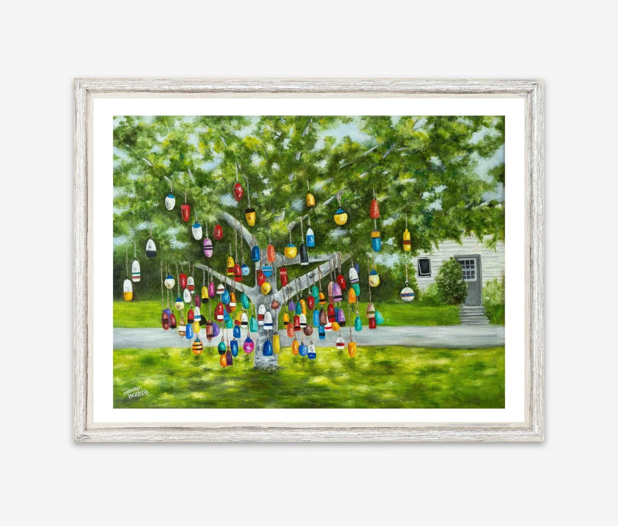 Giclée print of a colourful buoy tree in Prince Edward Island, reproduced from an original oil painting featuring colorful hanging fishing buoys beneath a leafy green tree.