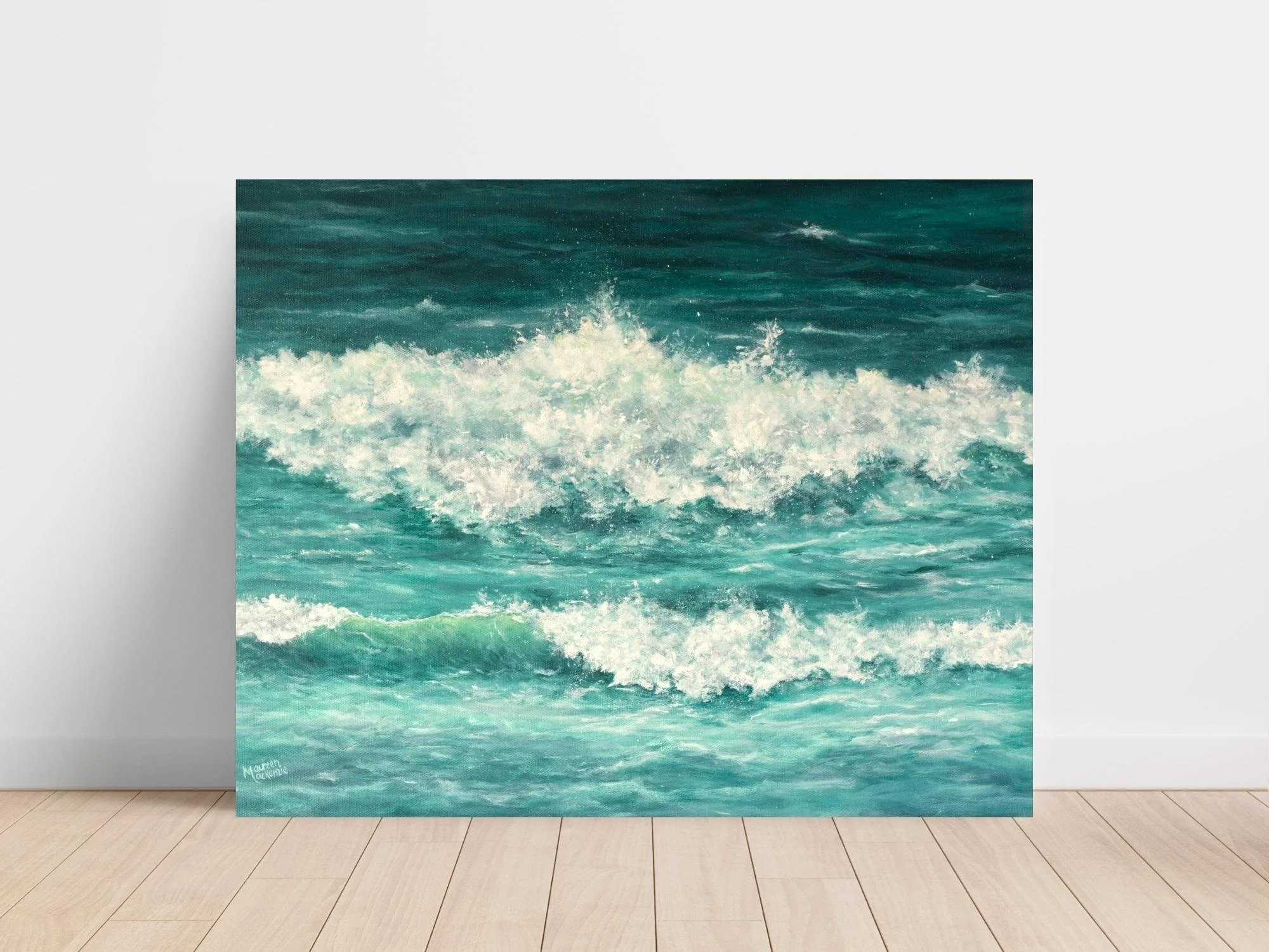 an original acrylic painting of a crashing Atlantic wave with white sea foam and deep emerald green water by artist Maureen MacKenzie.