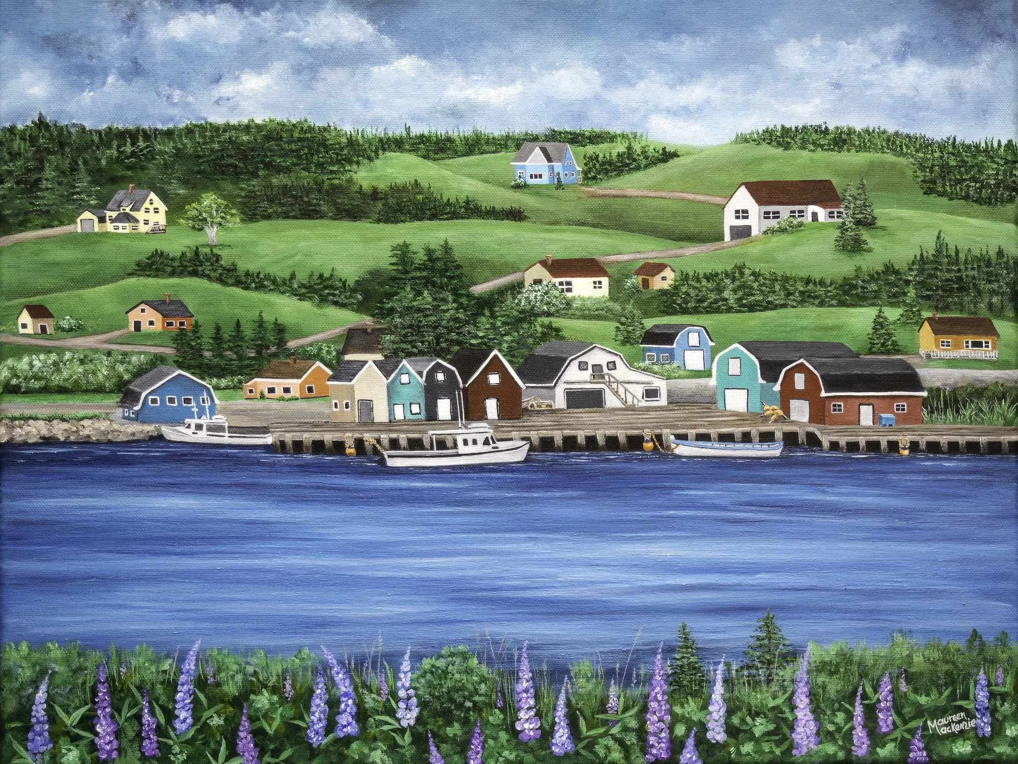 A giclée print of French River in Prince Edward Island featuring colorful fishing buildings along a wharf, blue water, green hills, and purple lupins in the foreground.