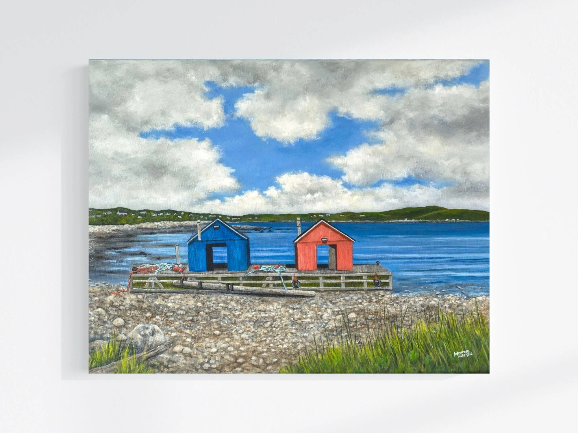 Acrylic painting of two colorful lobster cars on a rocky shore at low tide in John’s Cove, Yarmouth Bar Nova Scotia, with blue ocean water and a dramatic sky.