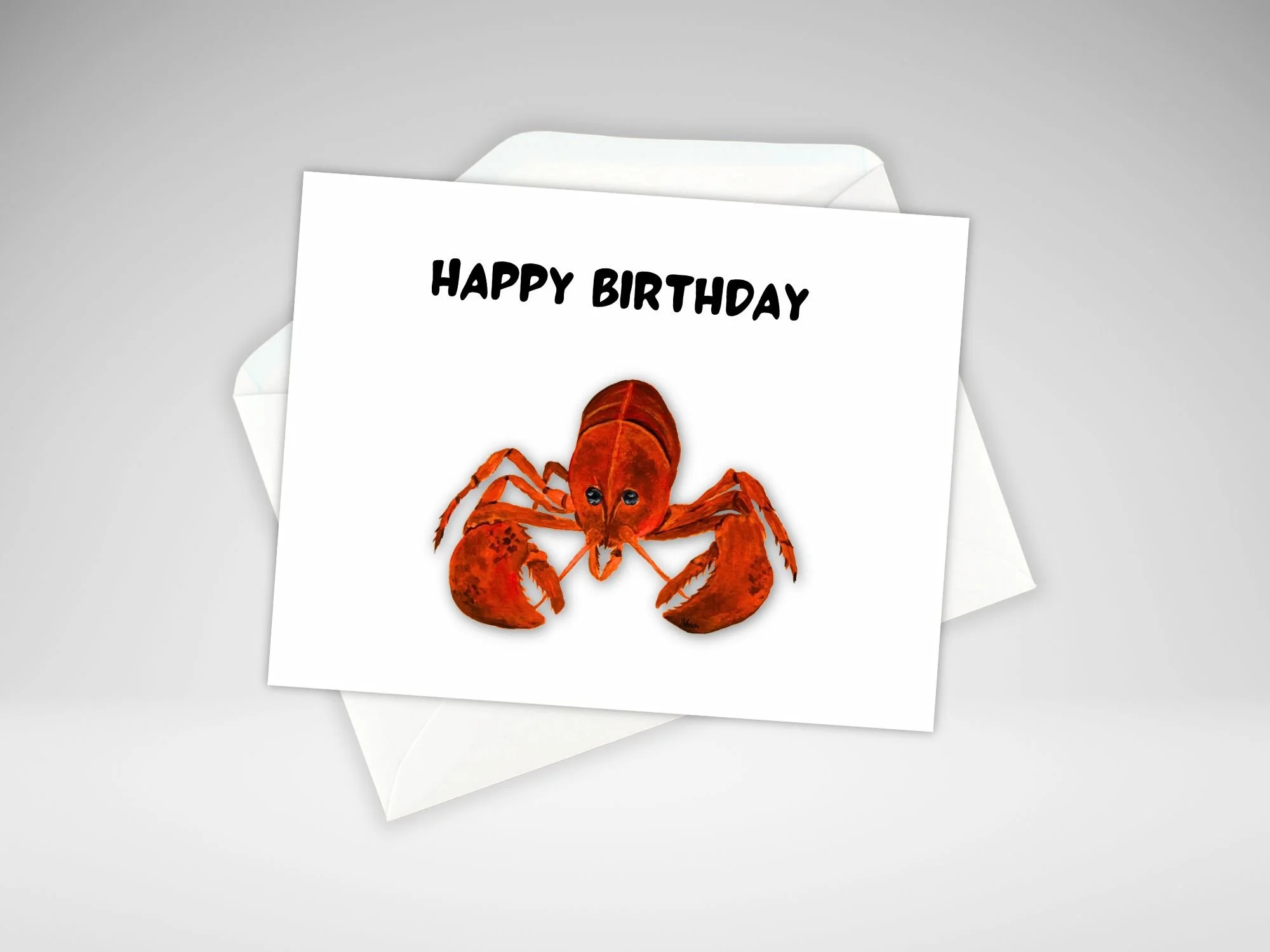 Lobster birthday card featuring a bright red lobster from an original acrylic painting by Nova Scotia artist Maureen MacKenzie, with Happy Birthday text above on a white card.