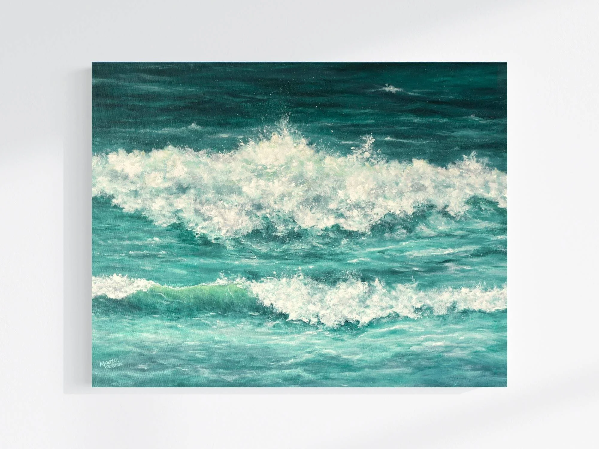 an original acrylic painting of a crashing Atlantic wave with white sea foam and deep emerald green water by artist Maureen MacKenzie.