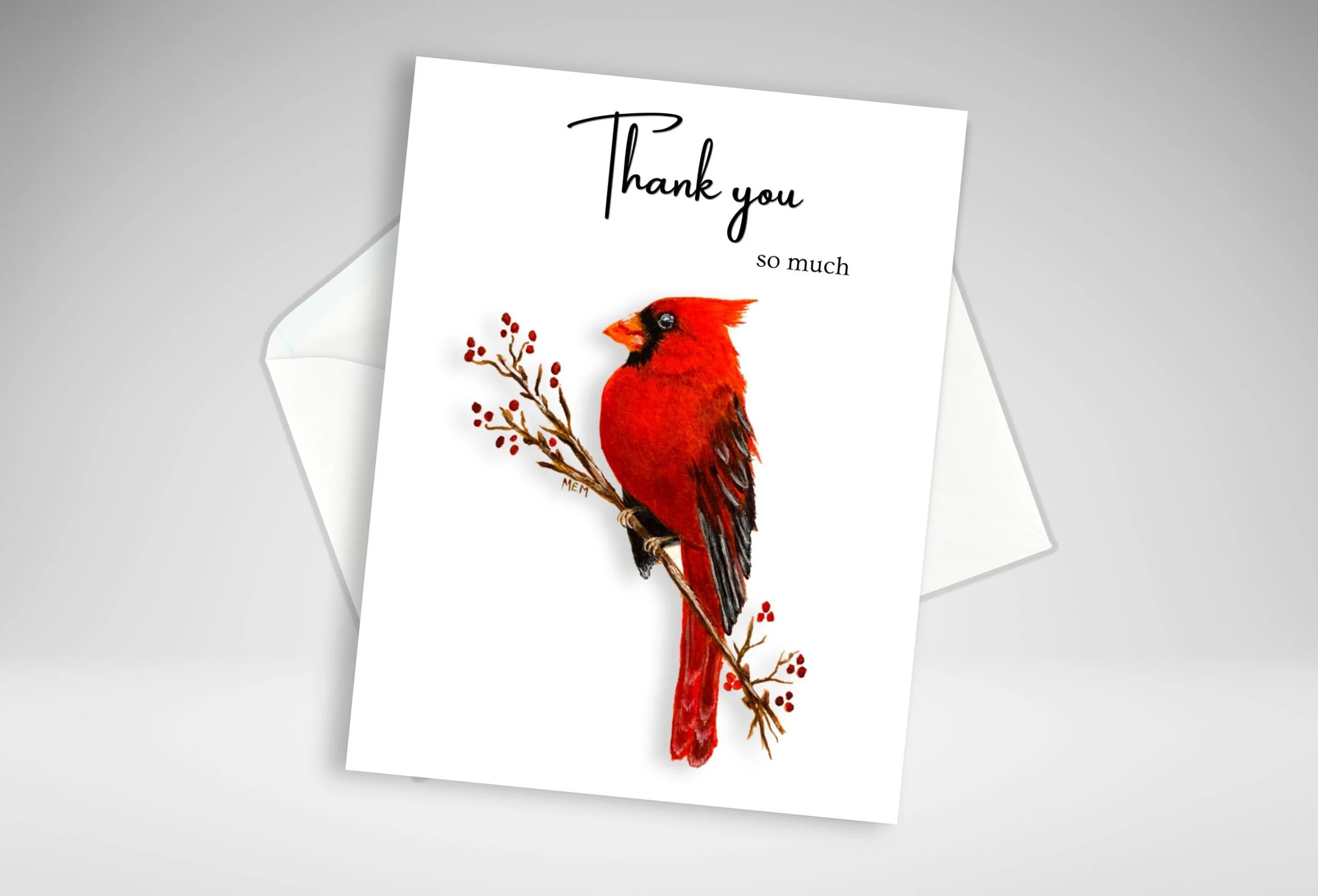 red cardinal thank you card by artist Maureen MacKenzie.jpg