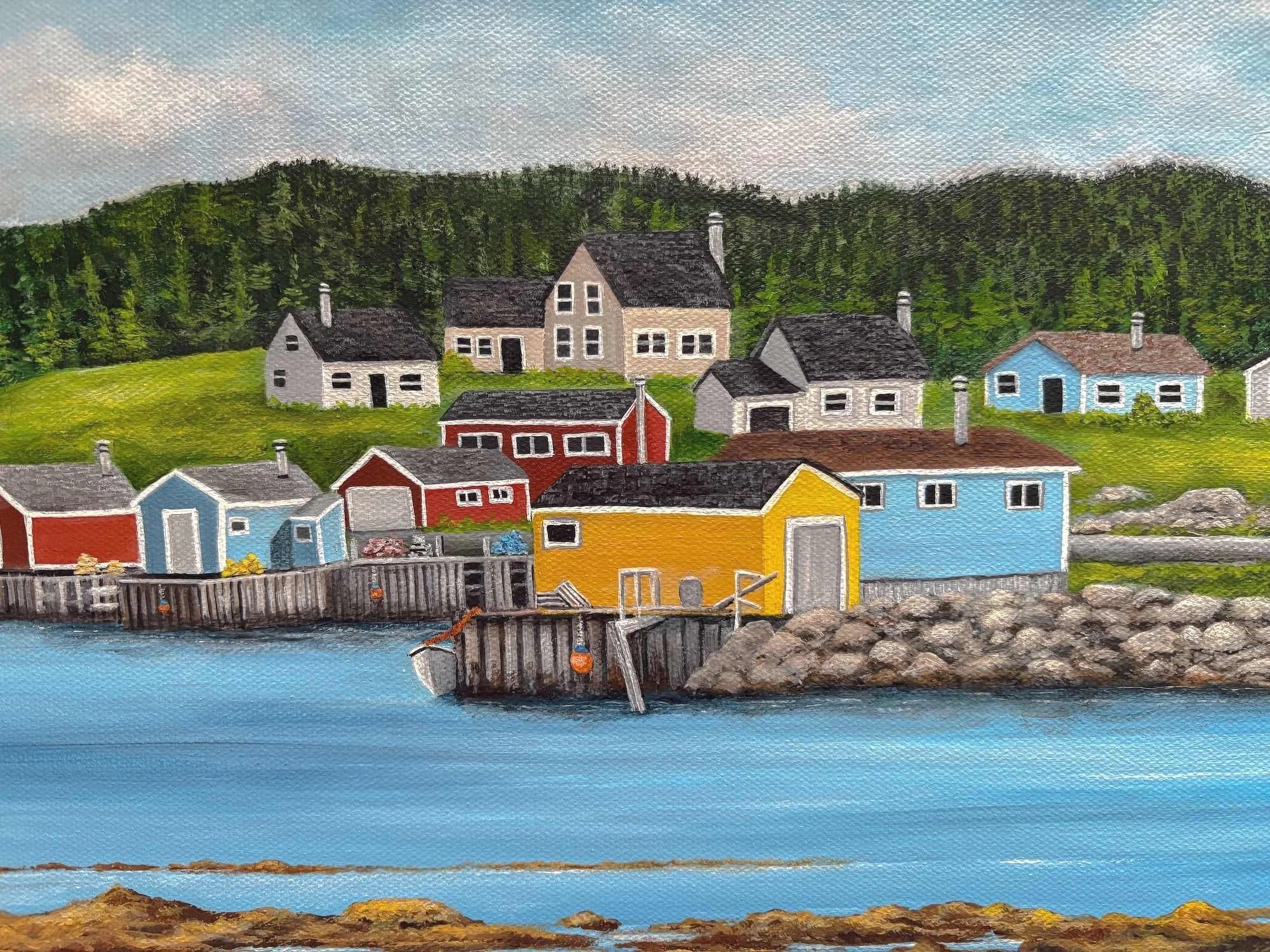 a close up of a seaside coastal newfoundland village