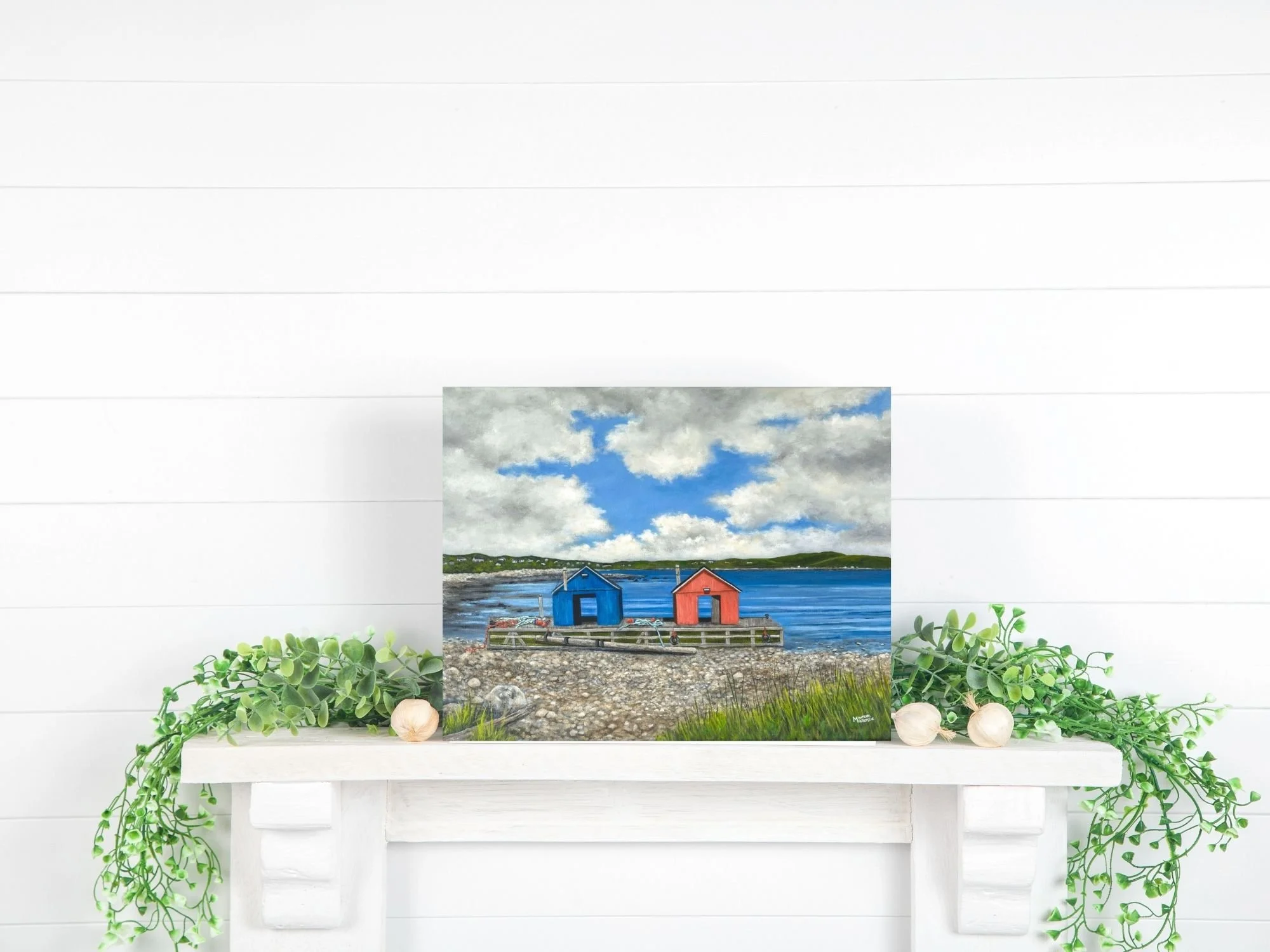 Acrylic painting of two colorful lobster cars on a rocky shore at low tide in John’s Cove, Yarmouth Bar Nova Scotia, with blue ocean water and a dramatic sky.