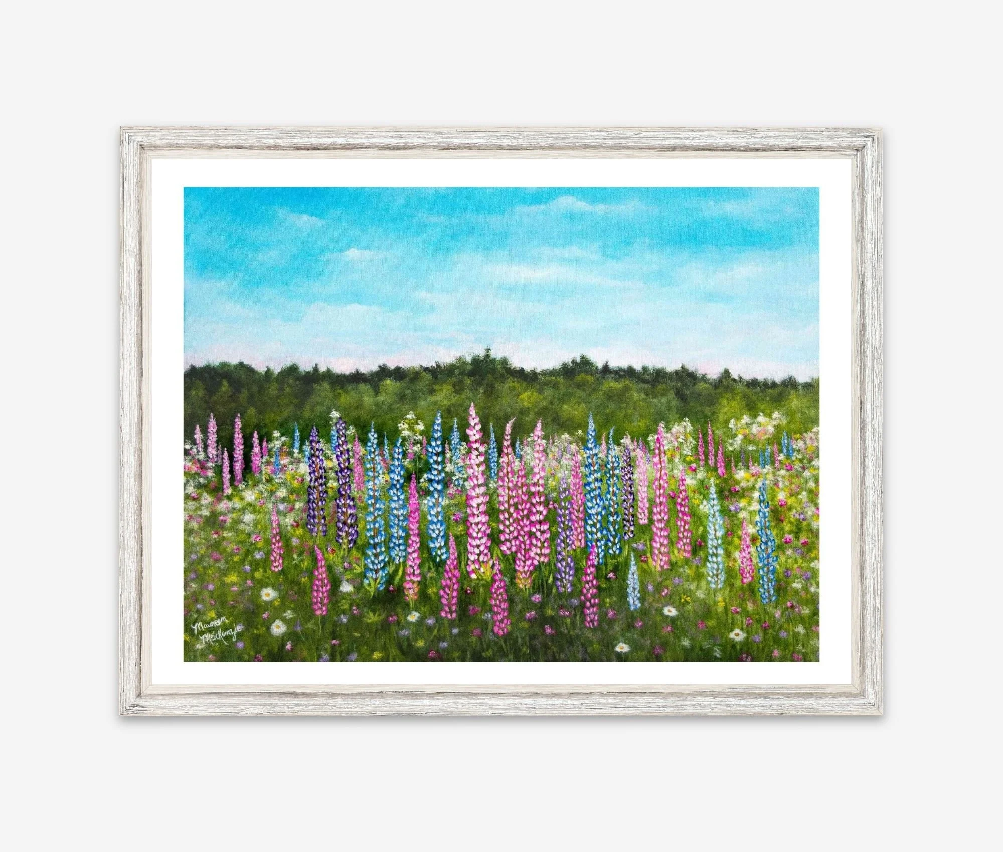 A framed print of a colorful field of pink and purple lupines in bloom under a pale blue sky,