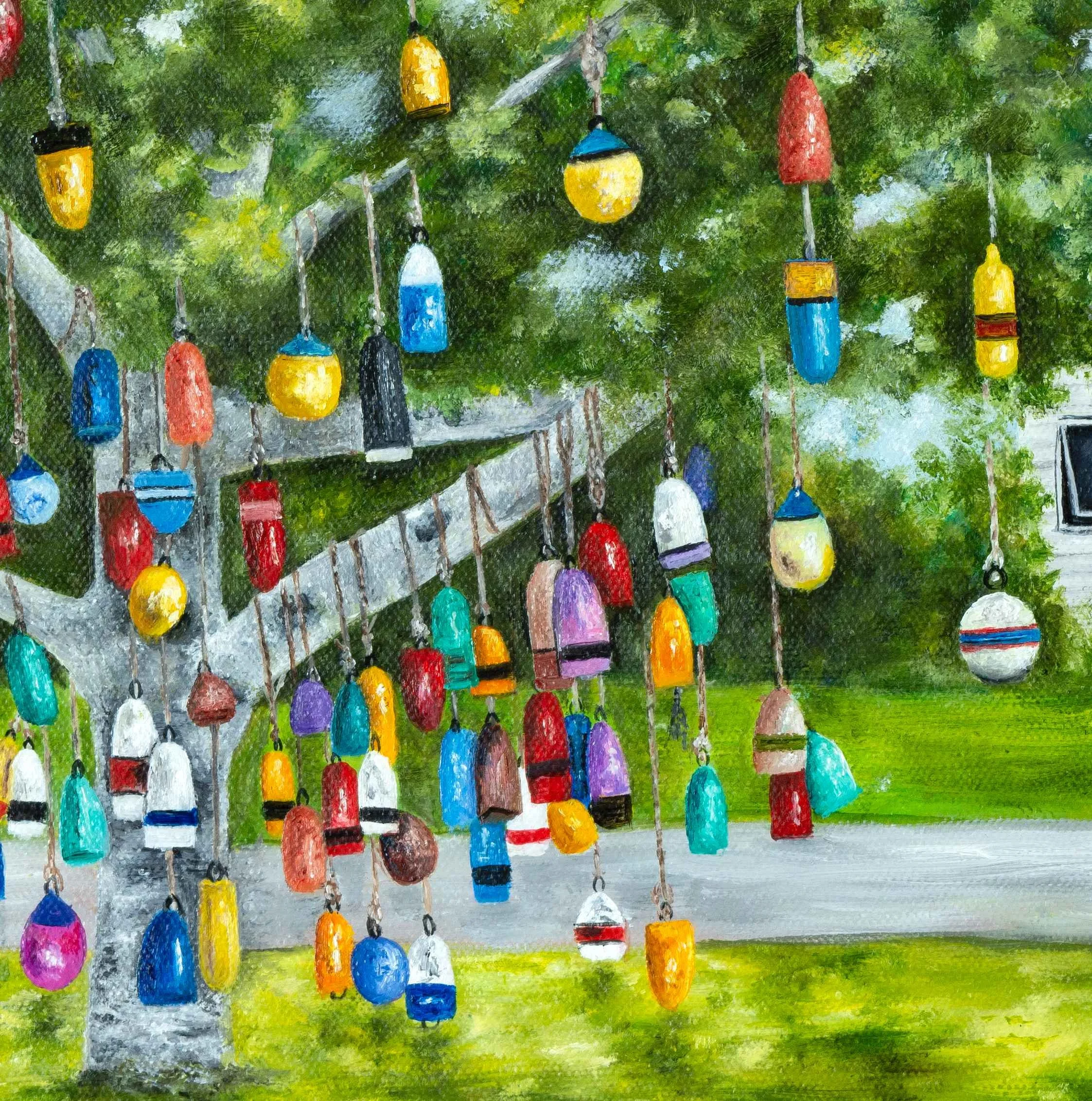 A close up of a print of a colourful buoy tree in Prince Edward Island, reproduced from an original oil painting featuring colorful hanging fishing buoys beneath a leafy green tree.