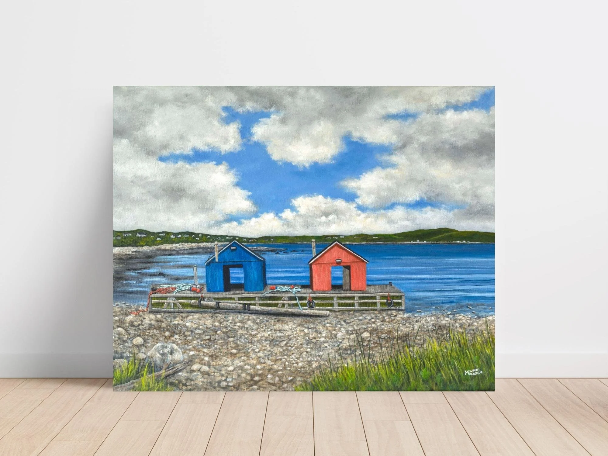 Acrylic painting of two colorful lobster cars on a rocky shore at low tide in John’s Cove, Yarmouth Bar Nova Scotia, with blue ocean water and a dramatic sky.