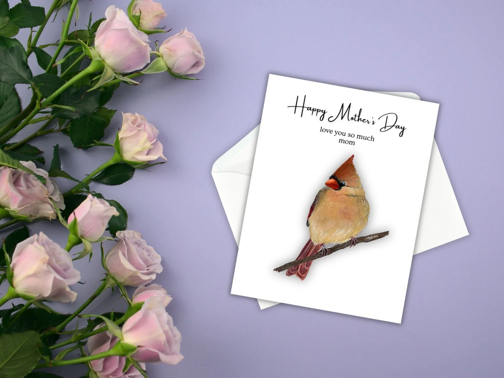 a mother's day card featuring a chubby female cardinal perched on a branch looking slightly to the left.  The greeting says Happy Mother's Day love you so much mom