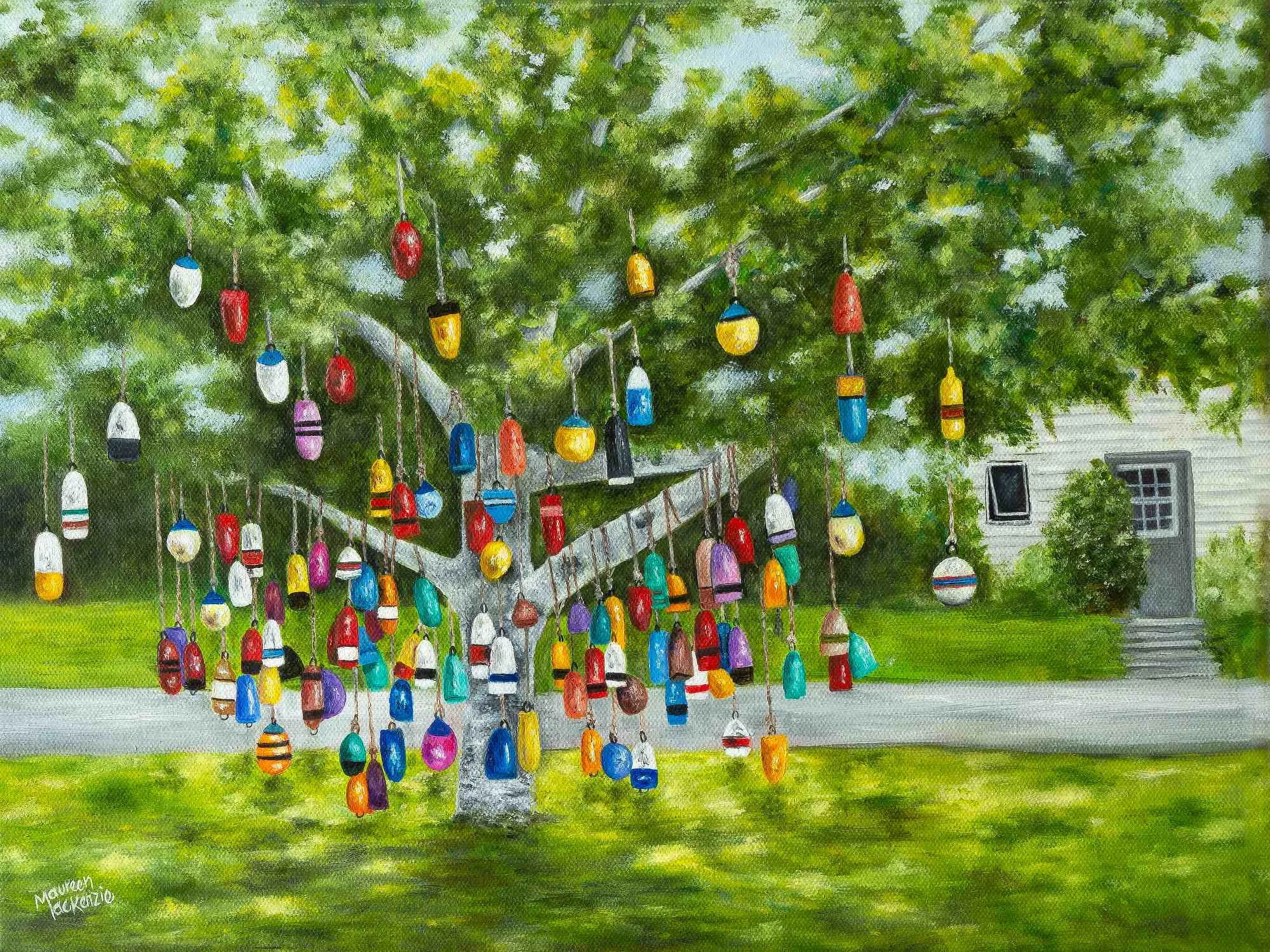 Giclée print of a colourful buoy tree in Prince Edward Island, reproduced from an original oil painting featuring colorful hanging fishing buoys beneath a leafy green tree.