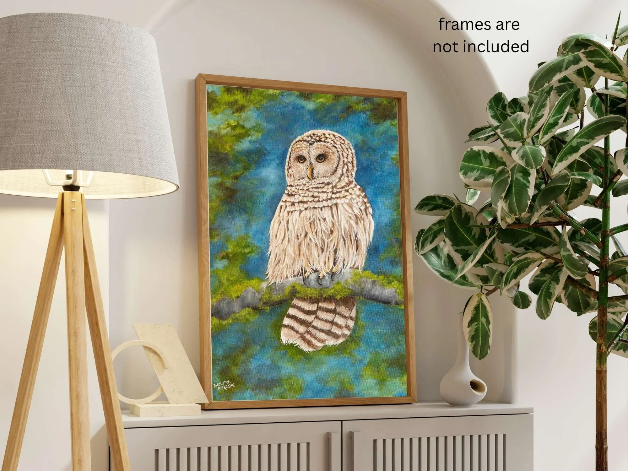 a fine art print of a barred owl perched on mossy branch with soft forest background wildlife art