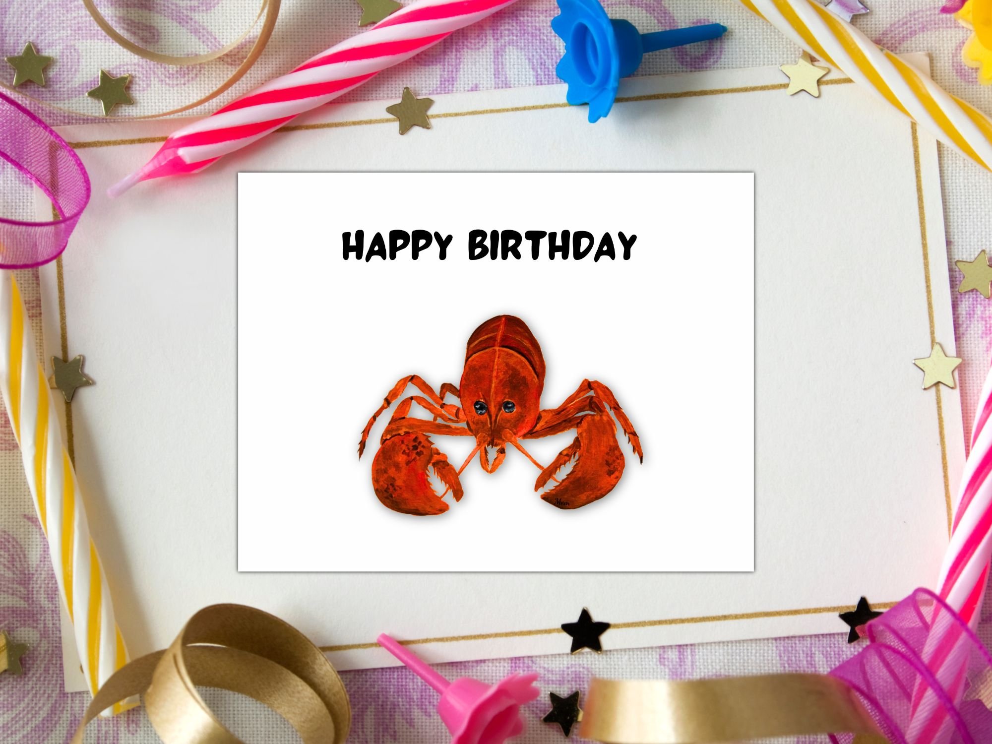 Lobster birthday card featuring a bright red lobster from an original acrylic painting by Nova Scotia artist Maureen MacKenzie, with Happy Birthday text above on a white card.