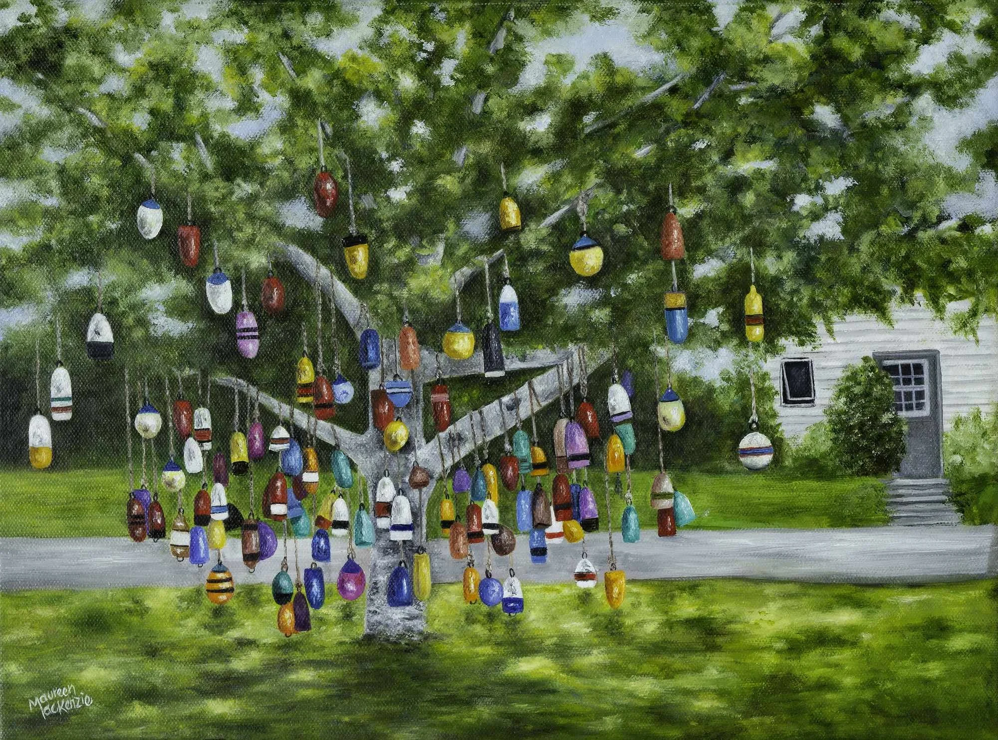 Original 12x16 oil painting of a colourful buoy tree in Prince Edward Island, featuring hanging fishing buoys beneath a leafy green tree in a coastal Maritime setting.