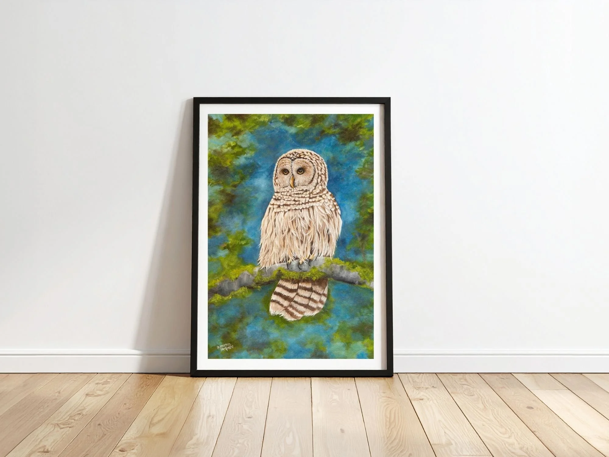 a fine art print of a barred owl perched on mossy branch with soft forest background wildlife art