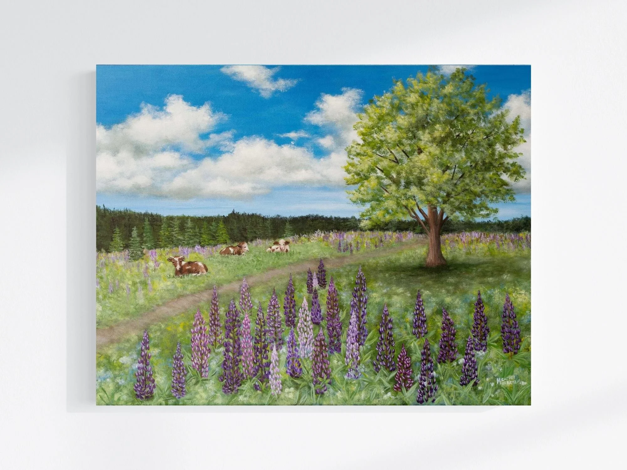 Original acrylic landscape painting featuring three brown and white cows resting in a green grass field with purple and pink lupine flowers in the foreground under a bright blue sky with white clouds.