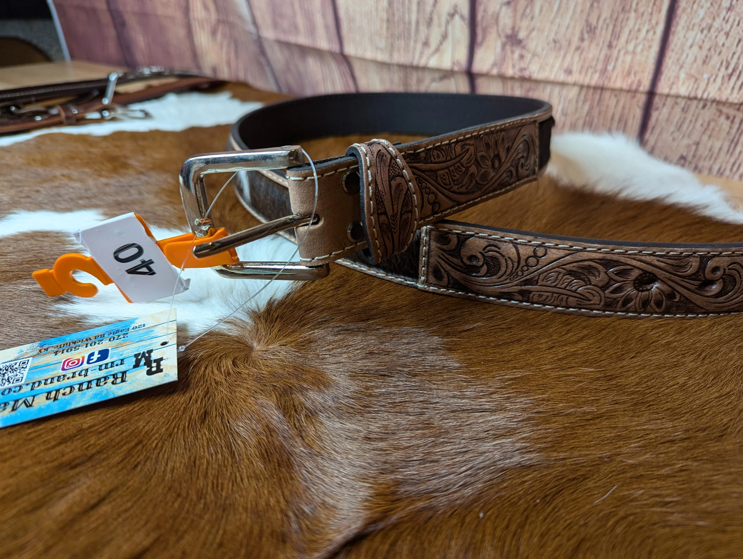 Hair on tooled leather belt