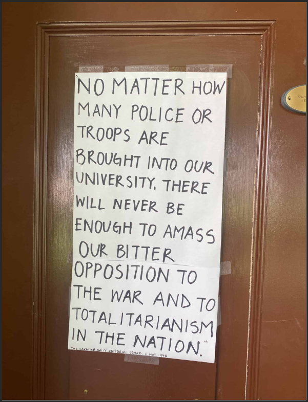  Signs on UVA Lawn doors, May 7, 2024 ( The Schilling Show blog ). 