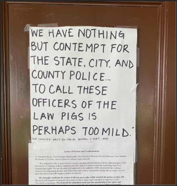  Signs on UVA Lawn doors, May 7, 2024 ( The Schilling Show blog ). 