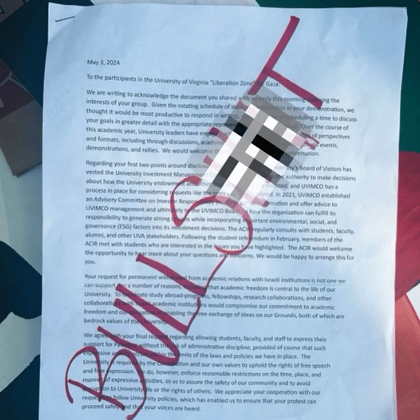  Letter from UVA President Ryan covered by profanity, posted by UVA Encampment for Gaza on Instagram, censored by TJC for our readers. 