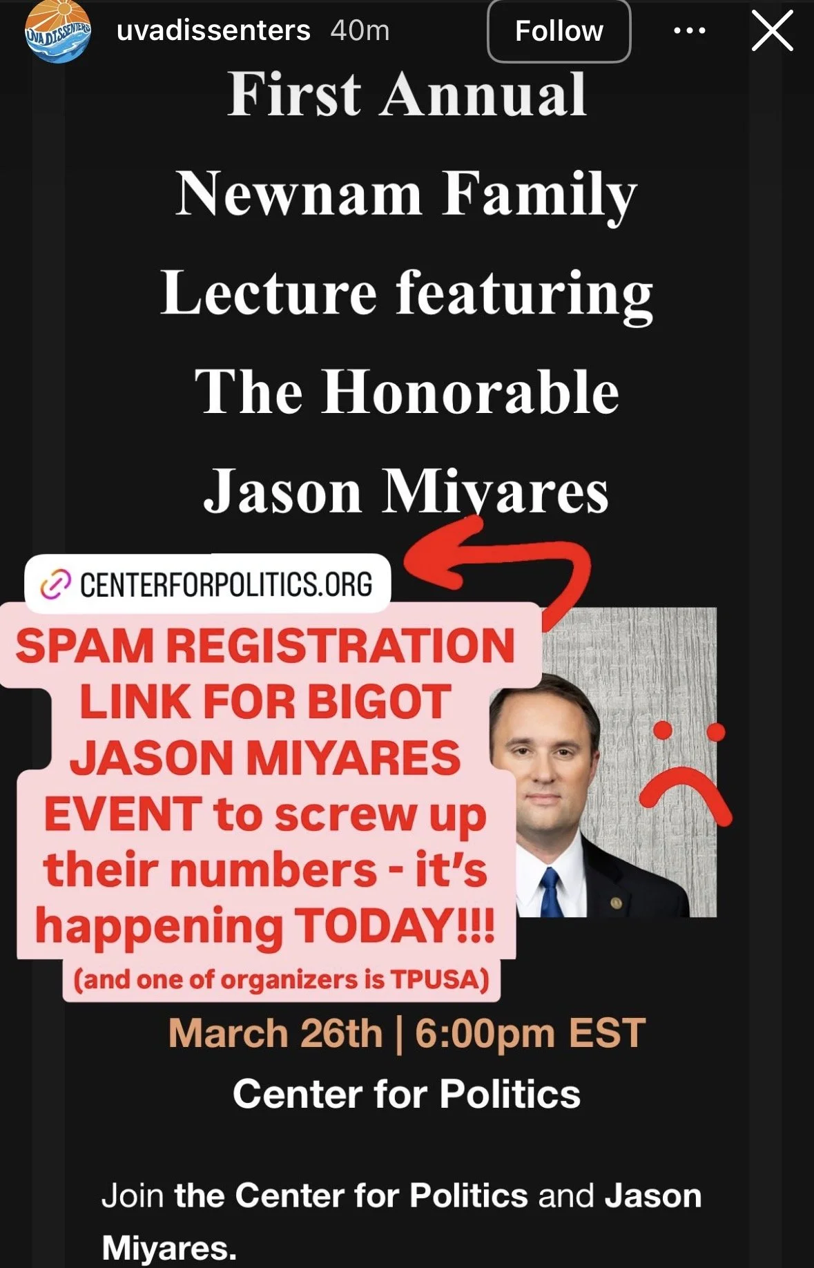 Radical UVA GROUP Attempts to Sabotage Speech by Jason Miyares