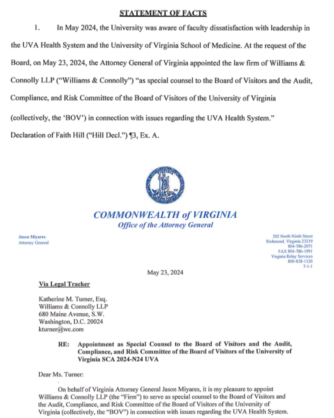 THE RYAN ADMINISTRATION HIRED OUTSIDE COUNSEL OVER UVA HEALTH ISSUES MONTHS BEFORE PHYSICIANS’ WHISTLEBLOWER LETTER